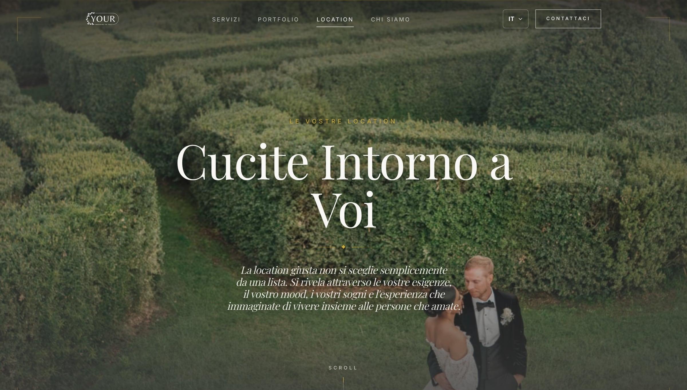 Pagina location con una coppia in un giardino all'italiana