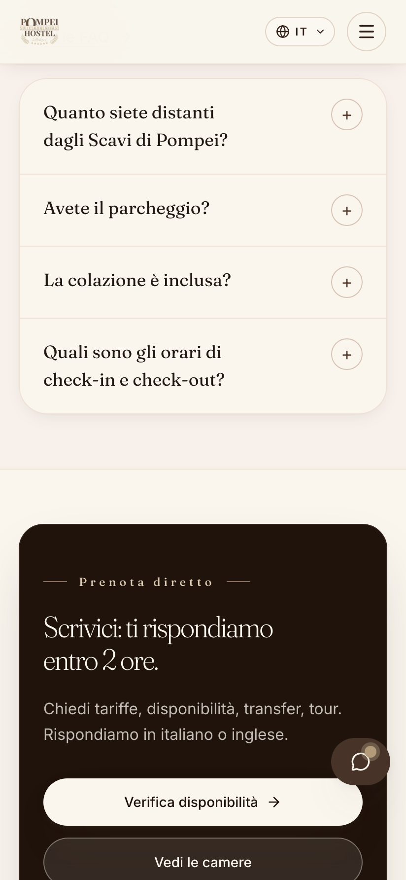 FAQ e prenotazione diretta del sito, su mobile