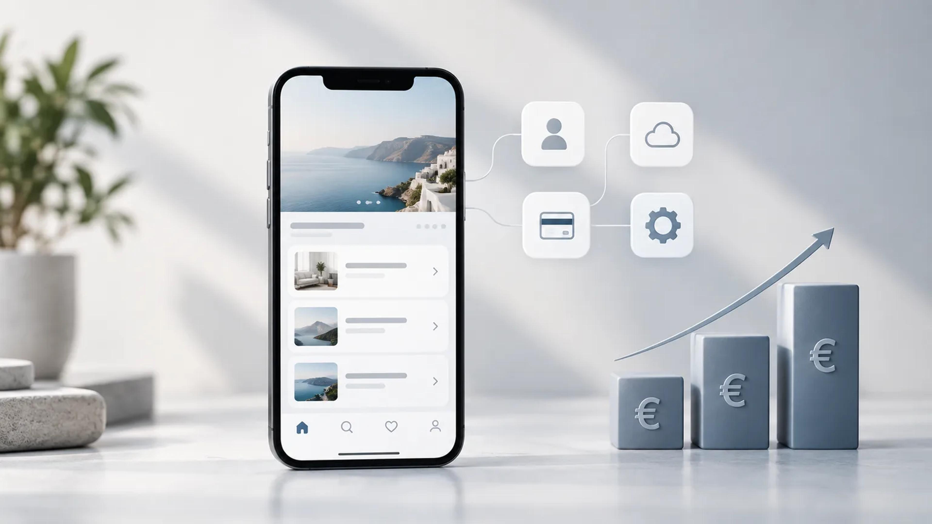 Smartphone con un'app turistica sulla Costiera accanto alle icone di account, cloud, pagamenti e impostazioni, e tre blocchi con il simbolo dell'euro che crescono