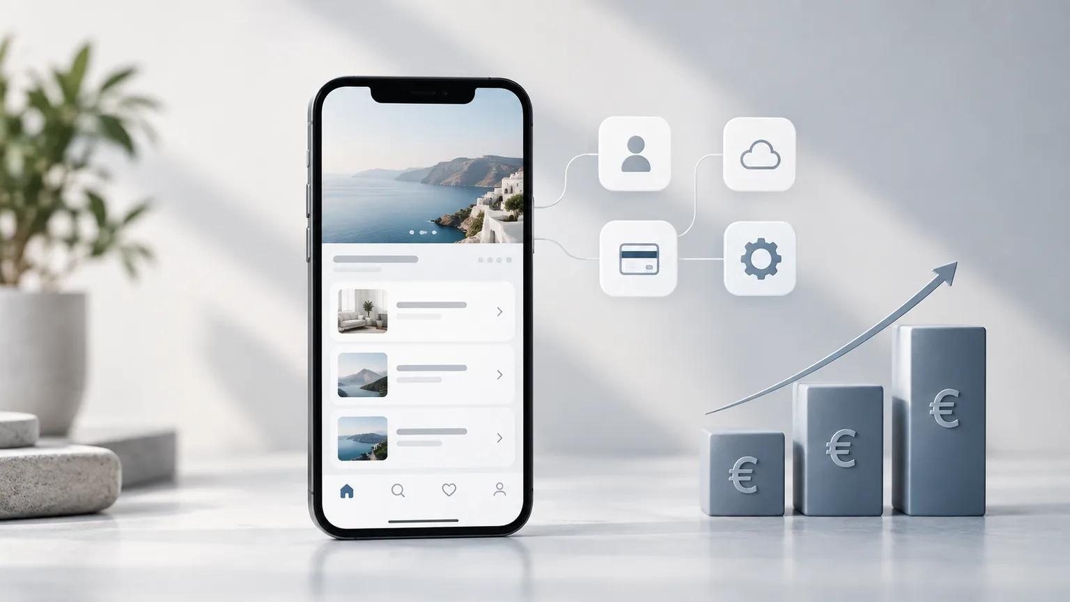 Smartphone con un'app turistica sulla Costiera accanto alle icone di account, cloud, pagamenti e impostazioni, e tre blocchi con il simbolo dell'euro che crescono