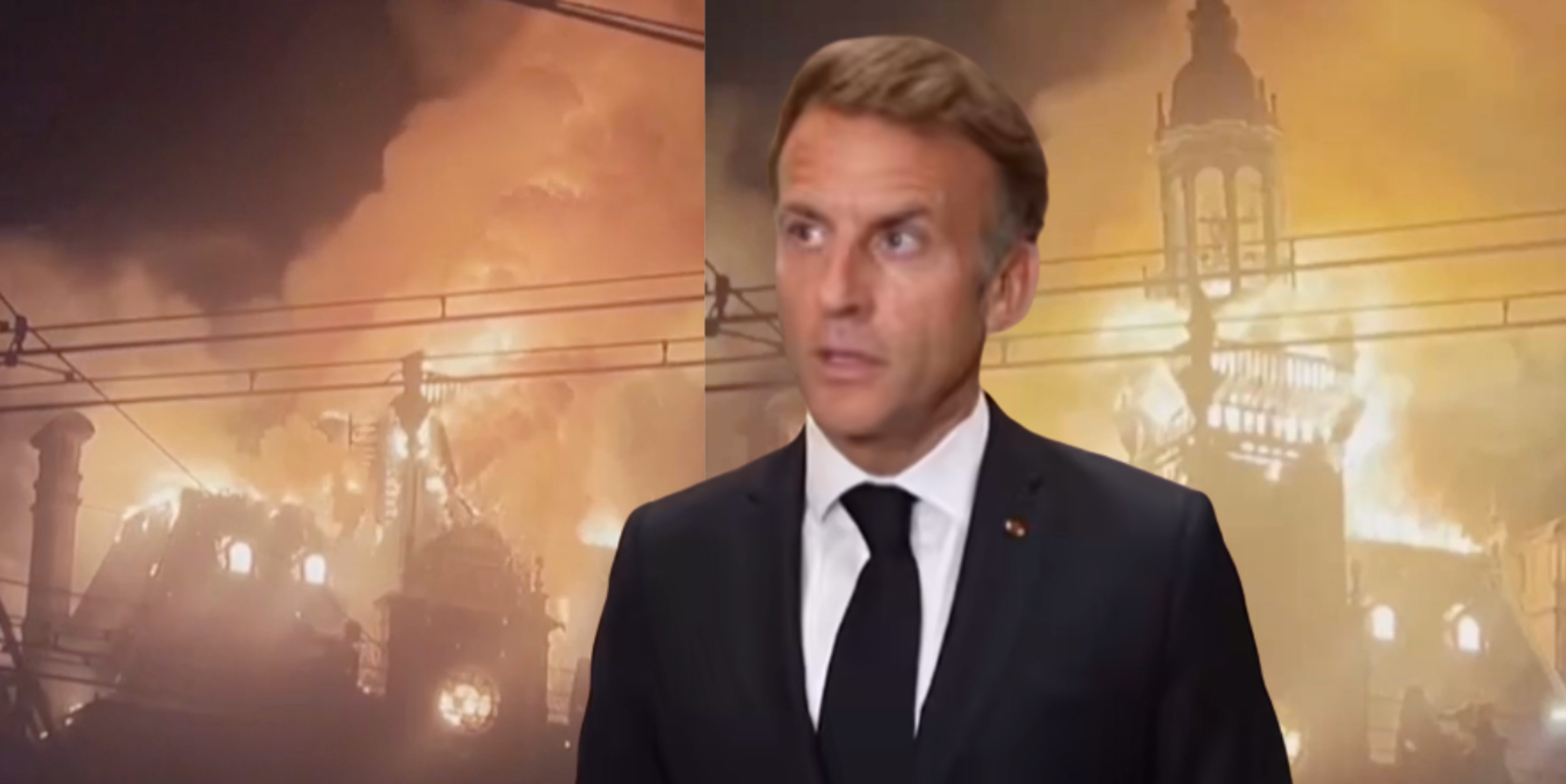Emmanuel Macron with Limoges City Hall burning behind him.