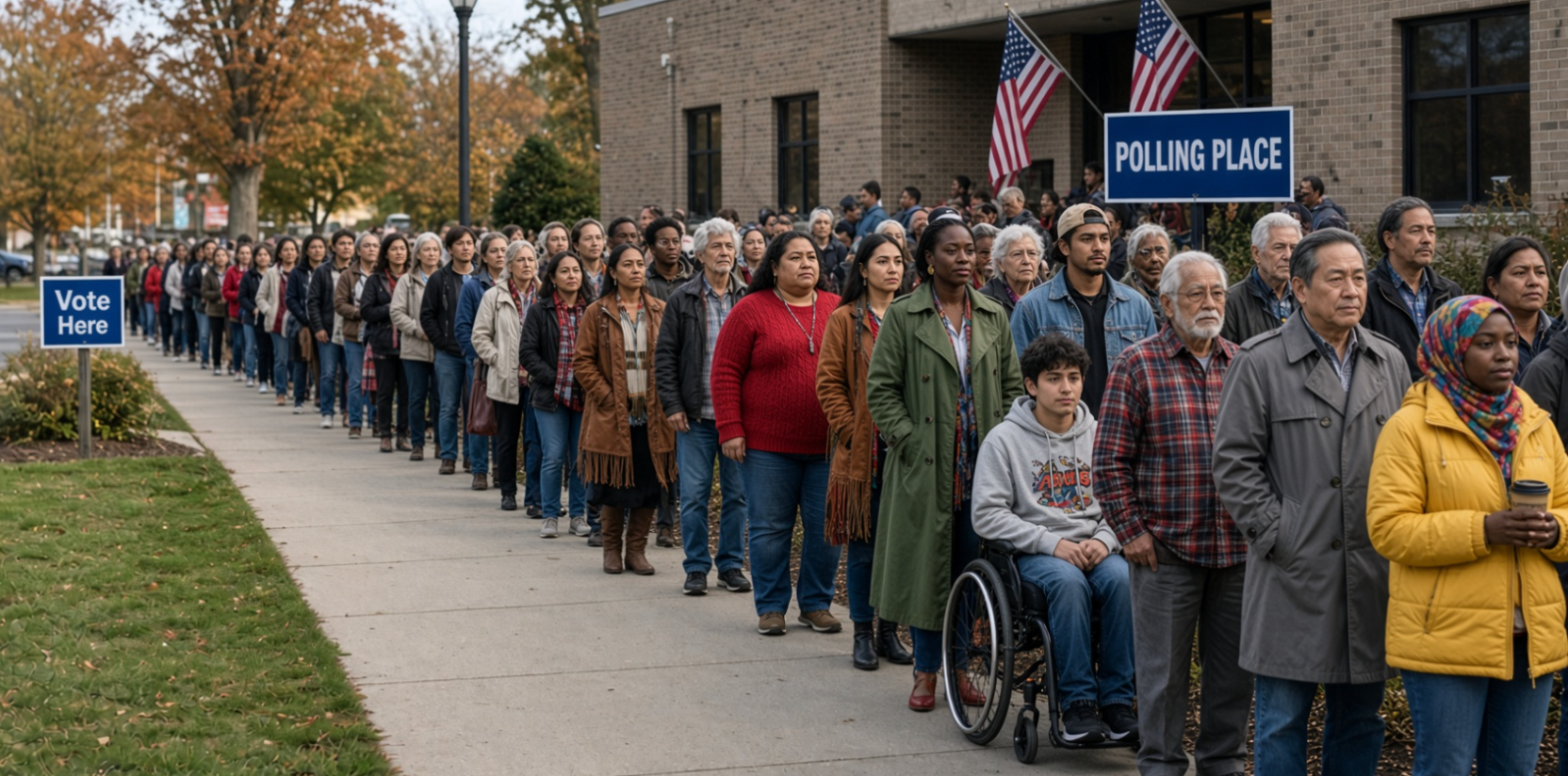 Long line of people at a polling place