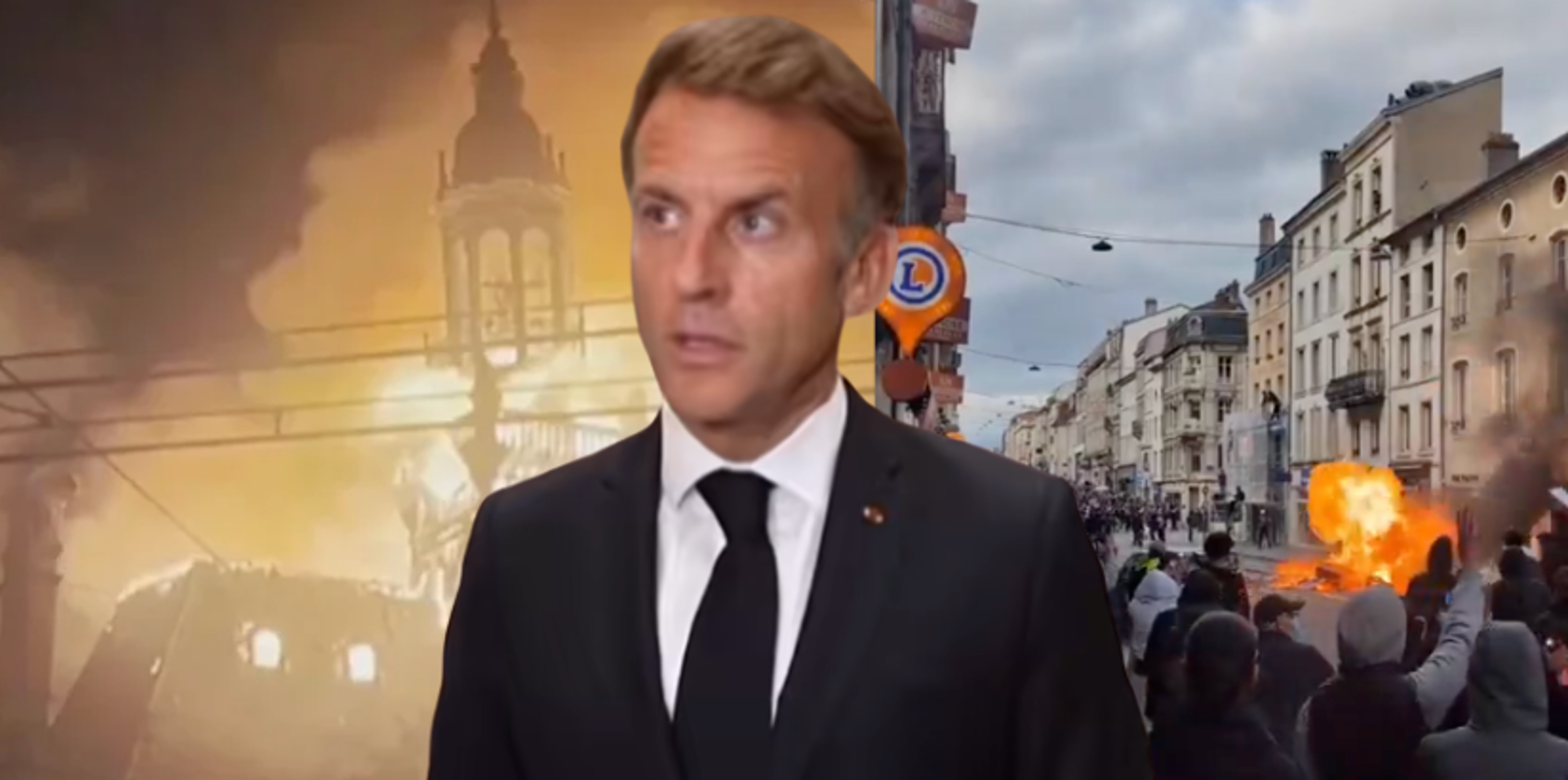 Emmanuel Macron with Paris riots, Limoges City Hall burning behind him.