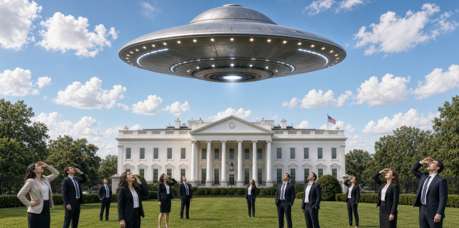 UFO hovering over the White House, with staffers looking on