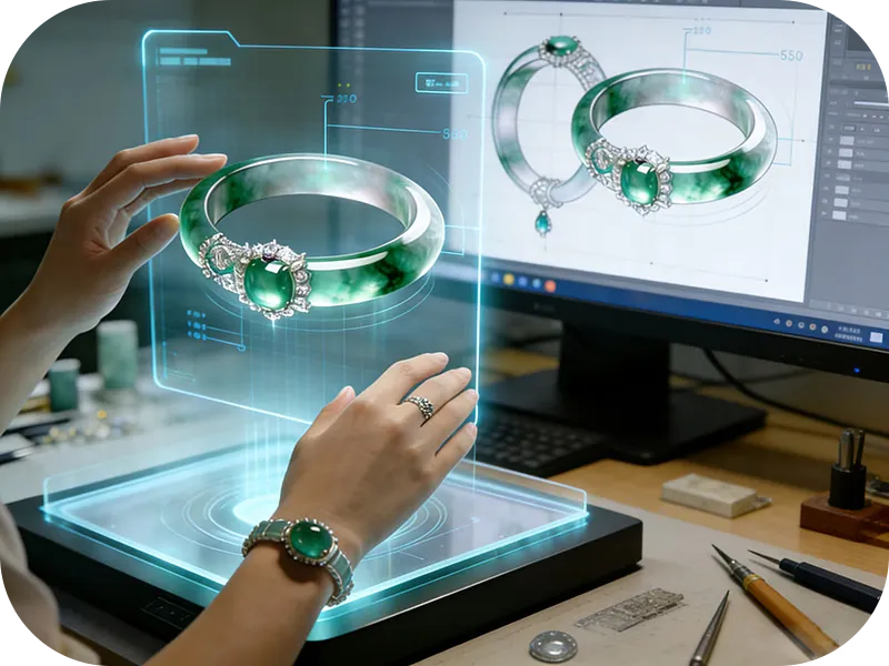 AR virtual jewelry try-on experience showing user viewing virtual jade bracelet on wrist in real-time, seamlessly blended with real-world ambient lighting