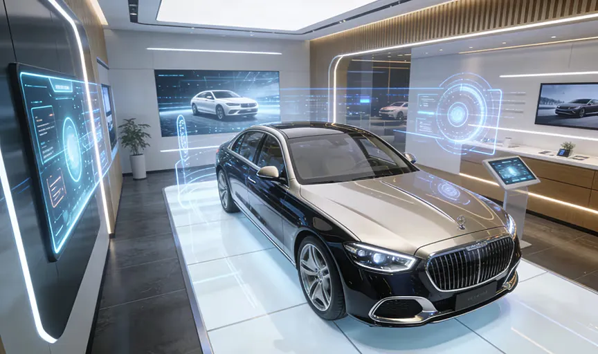 Automotive sales and marketing 3D visualization solution, featuring virtual showroom, AR/VR interactive experiences, and immersive product presentation