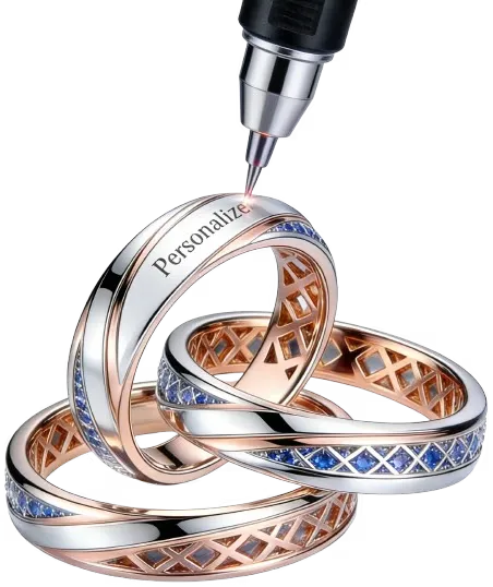 3D jewelry customization interface demonstrating ring engraving feature, where users can add personalized text with real-time preview of the carved effect