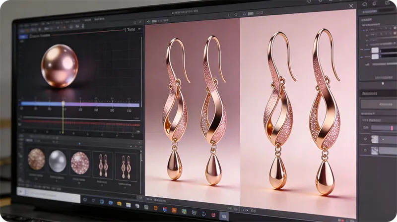  Jewelry designer using 3D editor for digital sculpting and material adjustments, with real-time preview of high-fidelity rendering effects