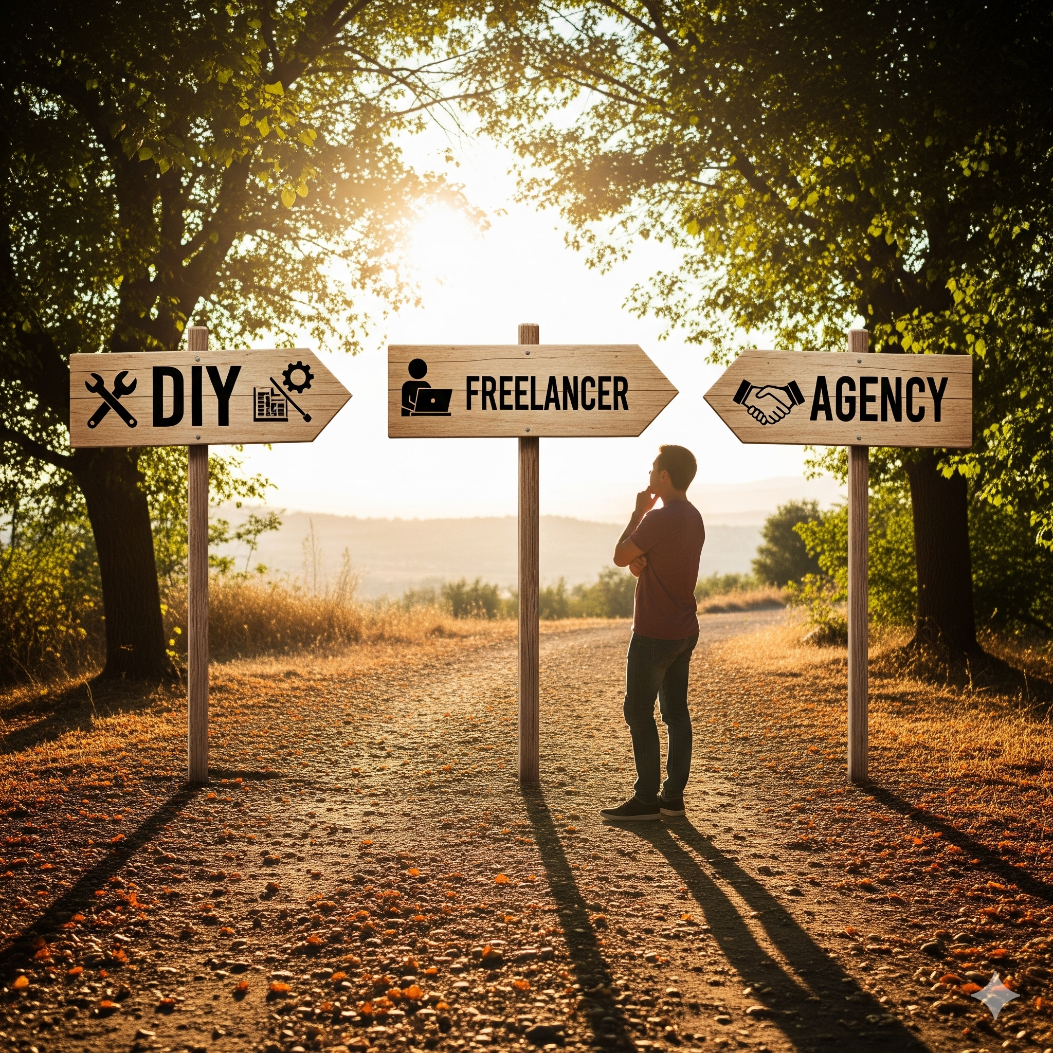 A person stands at a crossroads with three paths labeled DIY, Freelancer, and Agency, considering which way to go for their website project.