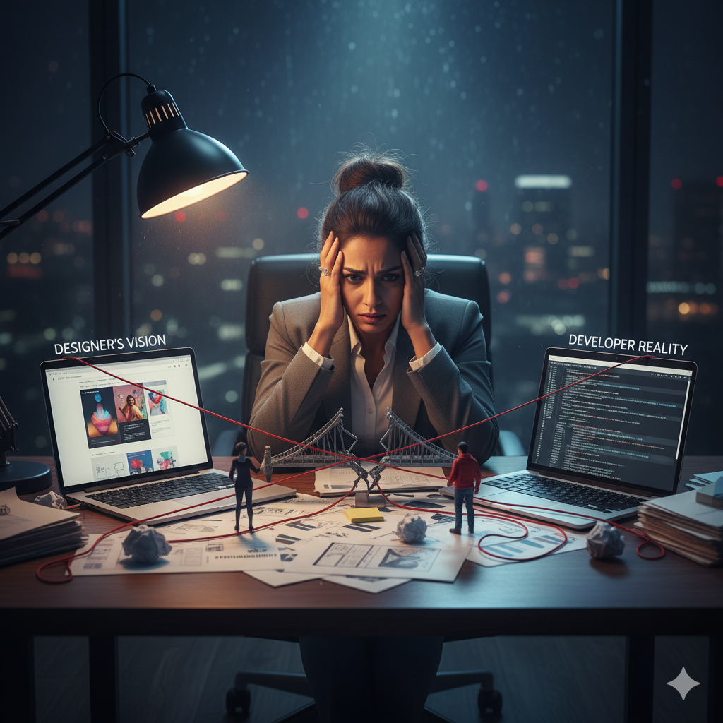 A frustrated business owner sits at a desk between a designer's vision on one laptop and developer's code on another, connected by tangled red string.