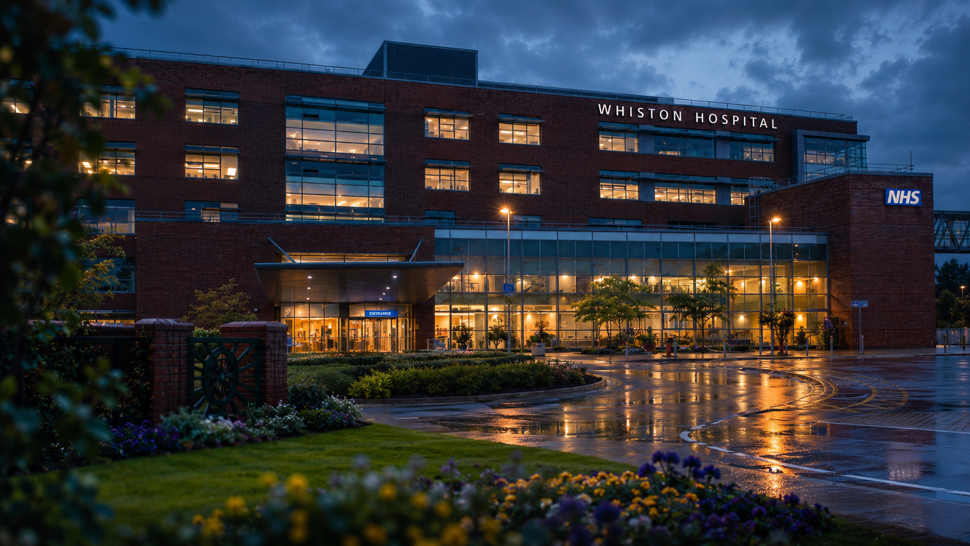 Whiston Hospital exterior at dusk, NHS Cheshire and Merseyside