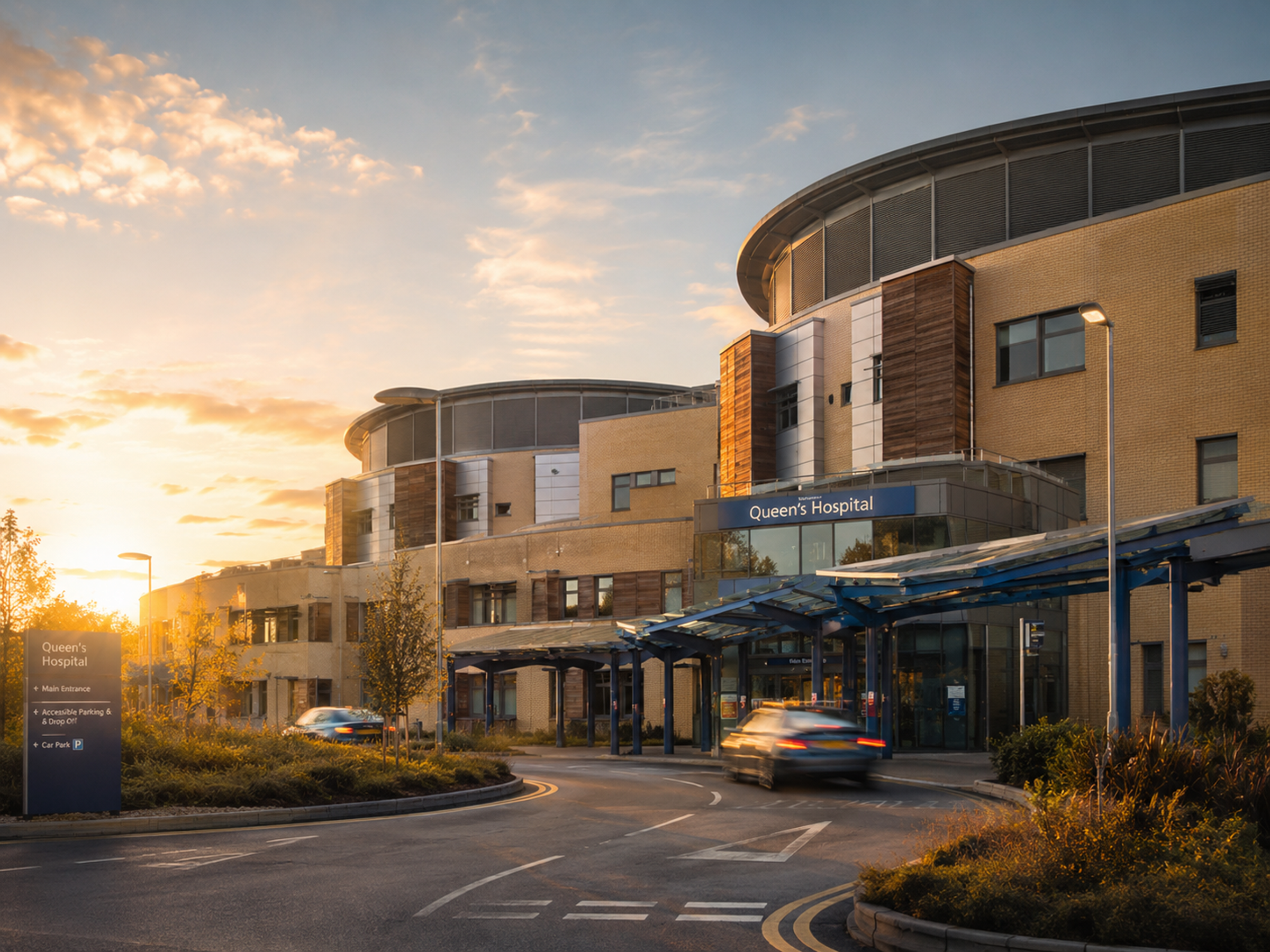 Queen’s Hospital exterior at sunrise, North East London