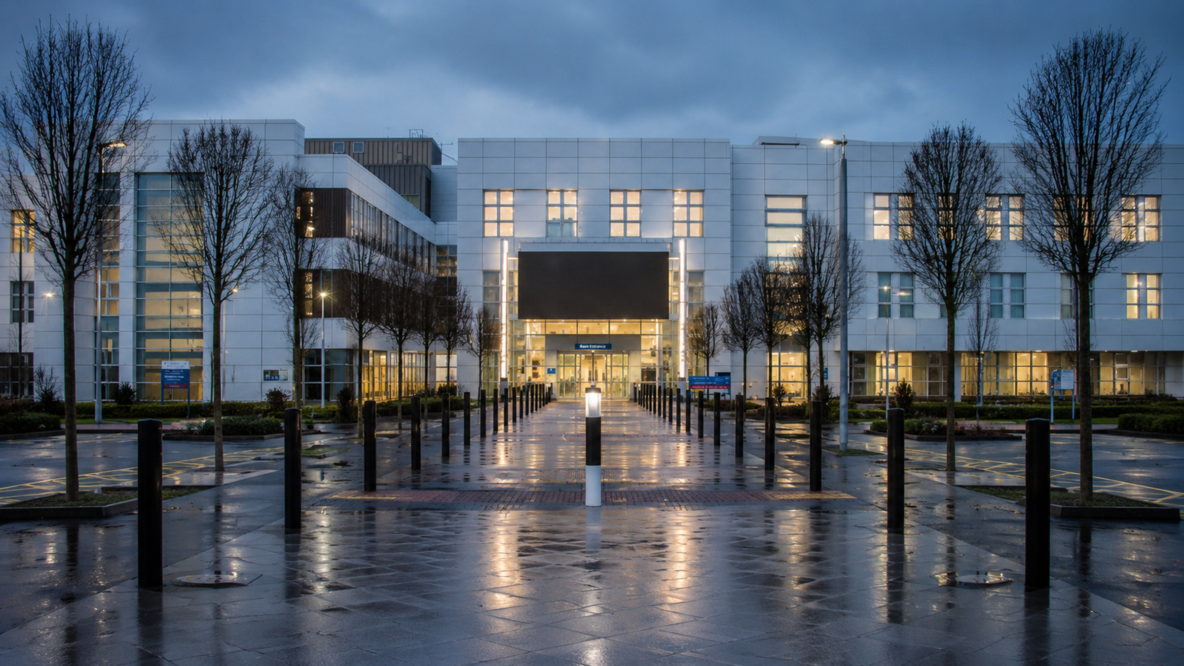 NHS Black Country hospital exterior at dusk