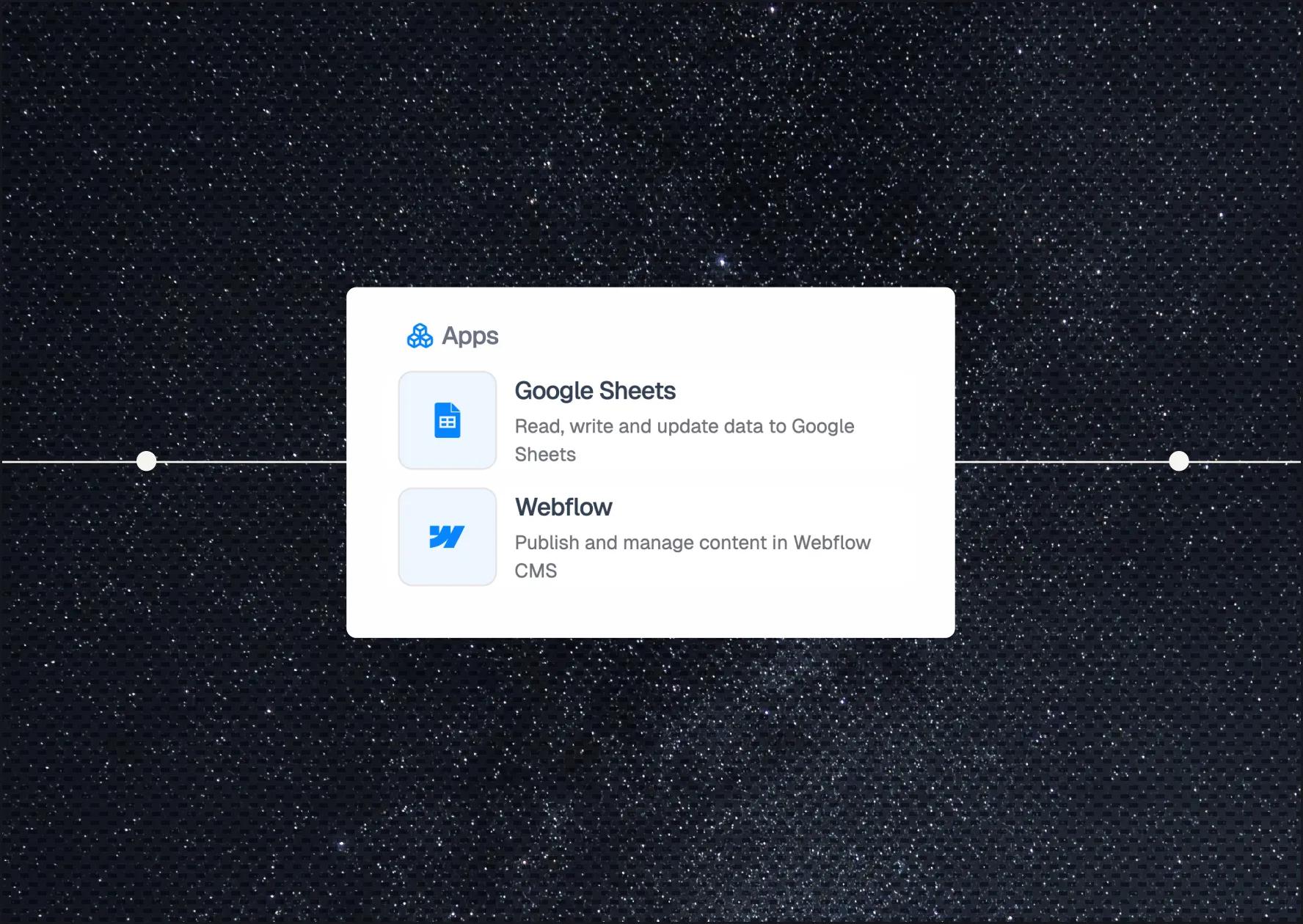 Apps integration card displaying Google Sheets for reading and updating data, and Webflow for publishing and managing content.