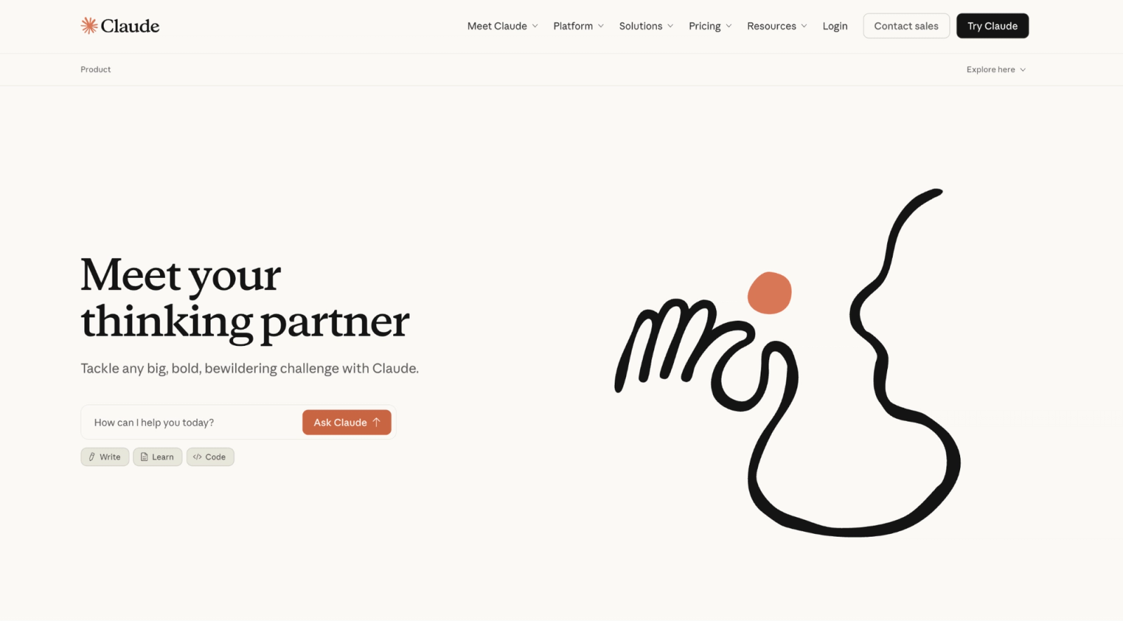 Claude homepage showing the AI assistant interface and navigation on the Anthropic website.