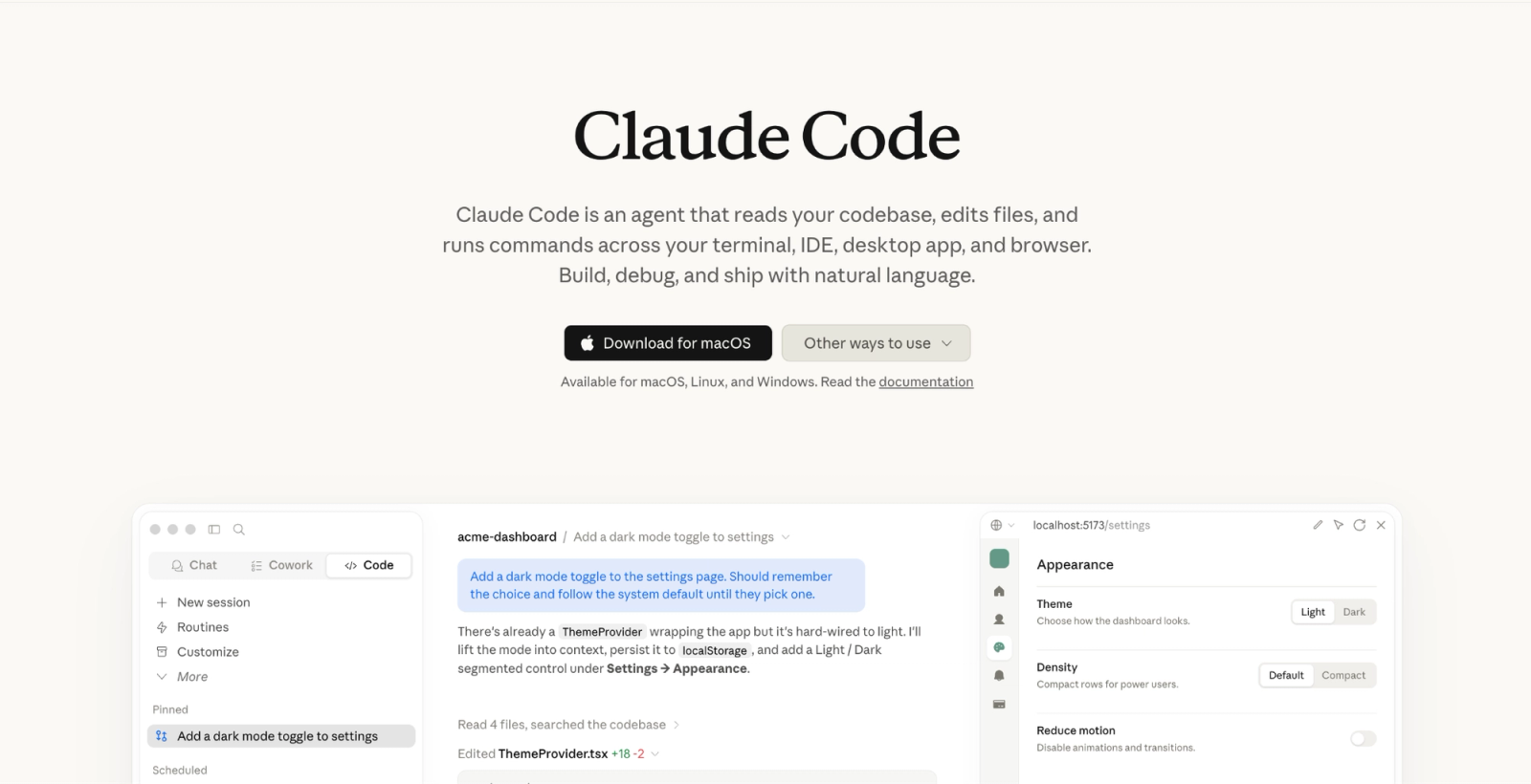 Claude Code interface showing AI-assisted coding, codebase editing, and terminal command execution.