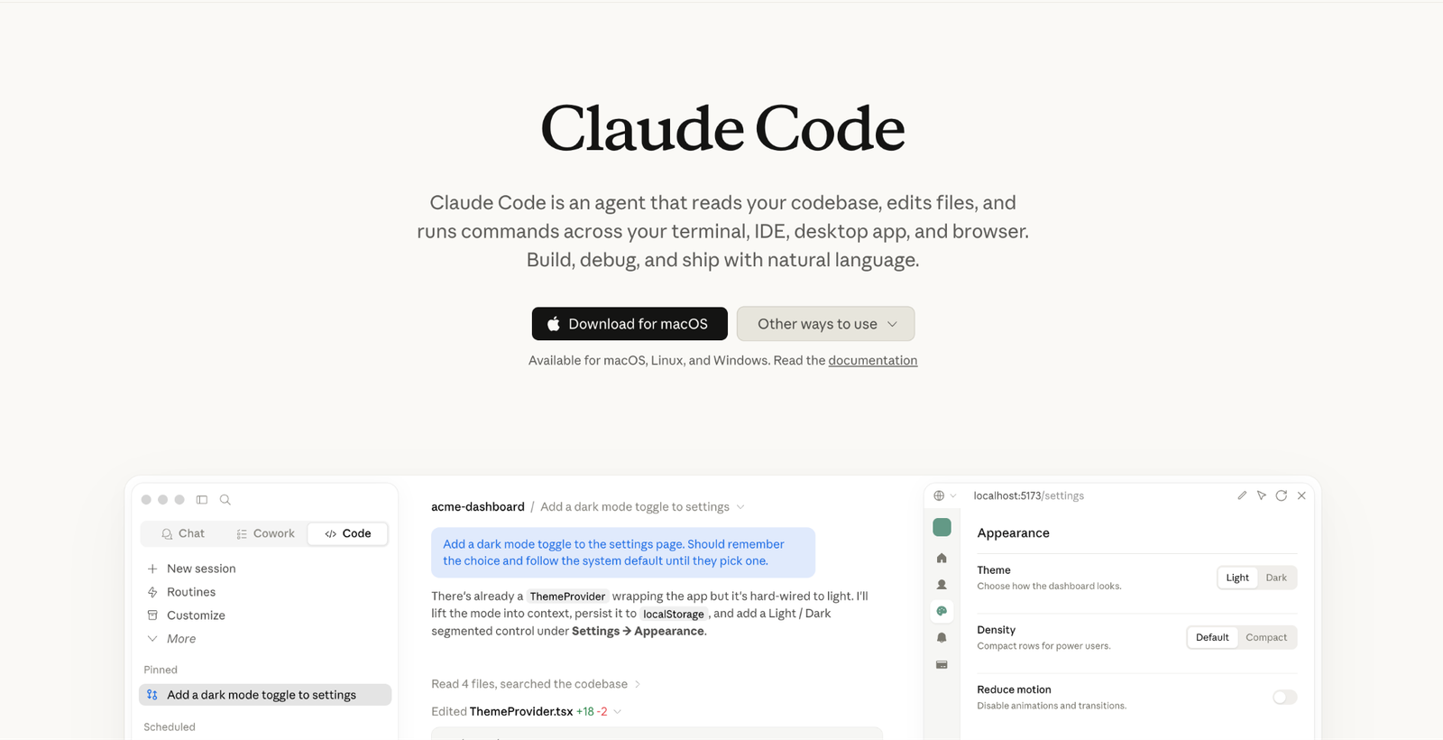 Claude Code interface showing AI-assisted coding, codebase editing, and terminal command execution.