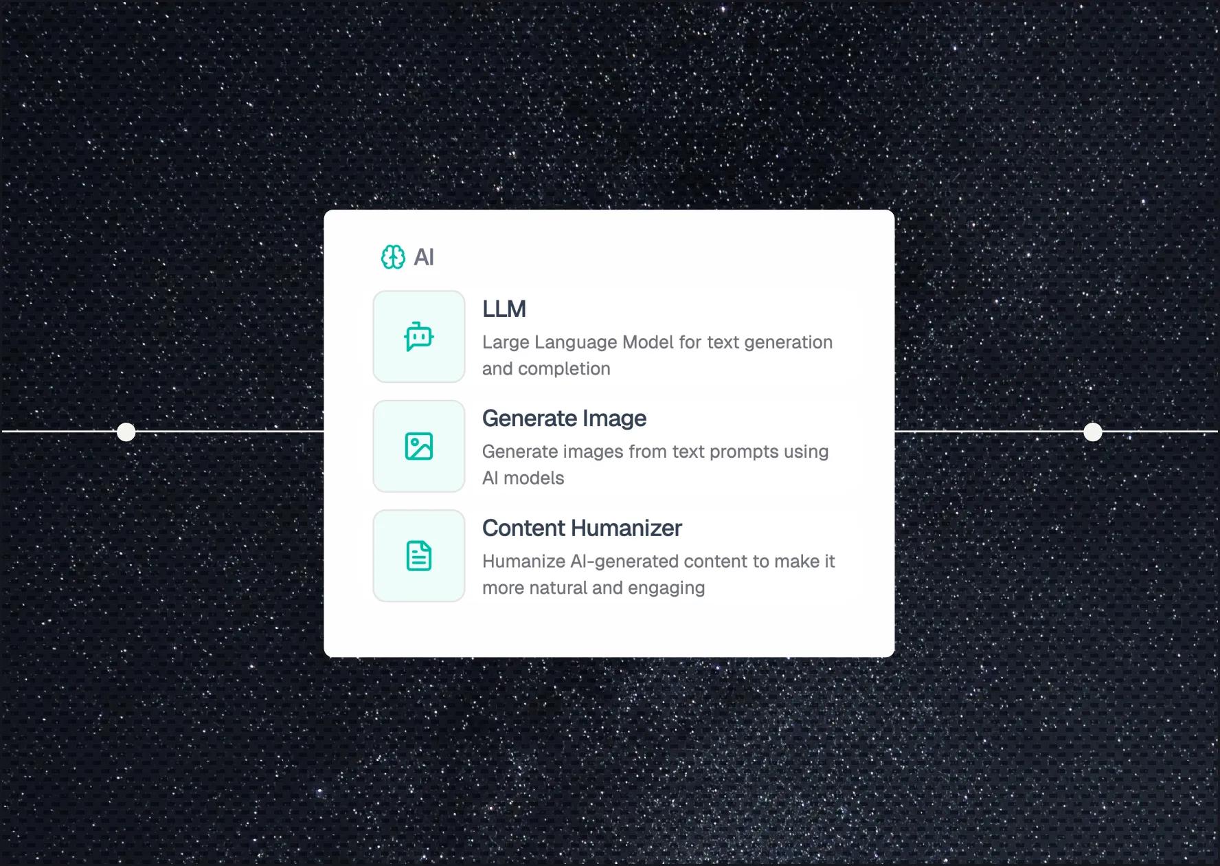 AI feature panel showing options for LLM text generation, image generation from AI prompts, and content humanizing.