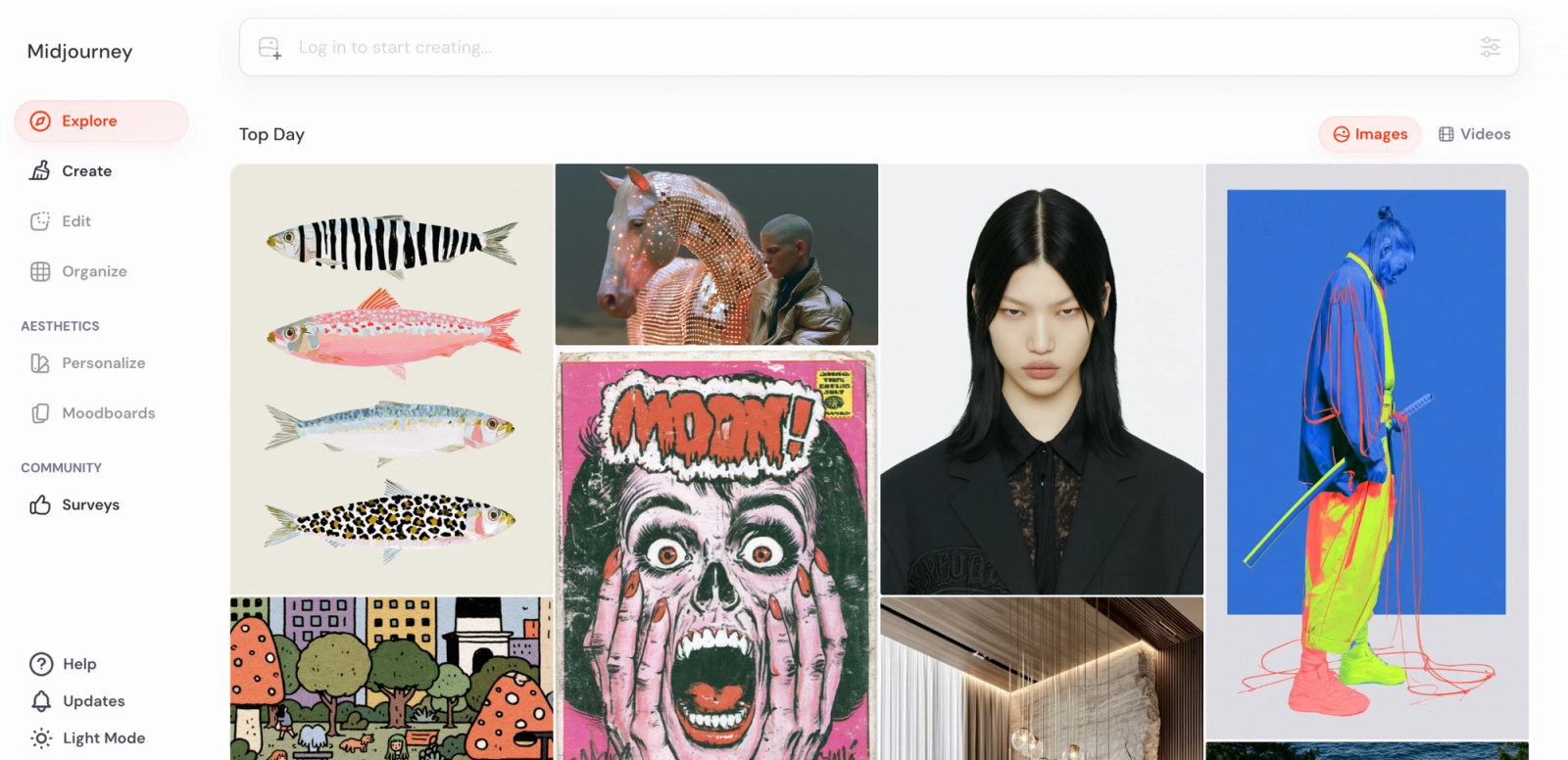 Midjourney interface displaying AI-generated images and creative artwork generation tools.