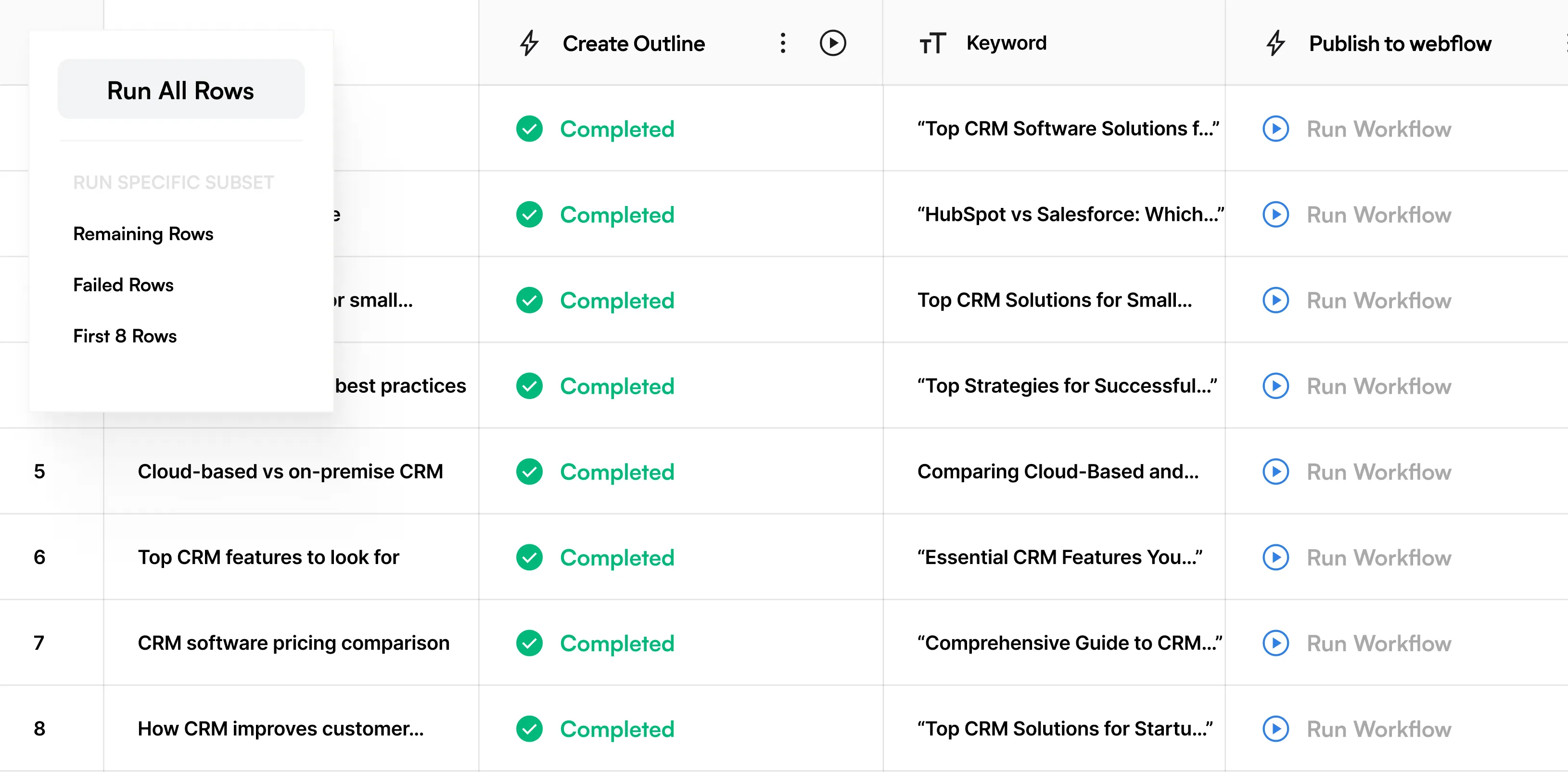 Spreadsheet interface showing a dropdown menu with options to run all rows, remaining rows, failed rows, or first 8 rows. The table contains columns for creating outlines, keywords, and publishing to Webflow, with several rows marked as completed.