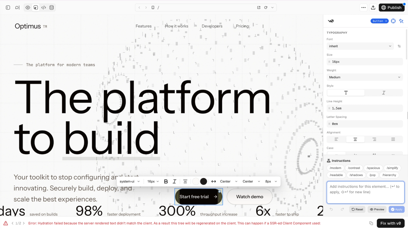 v0 interface generating React and Next.js user interfaces from prompts or screenshots.