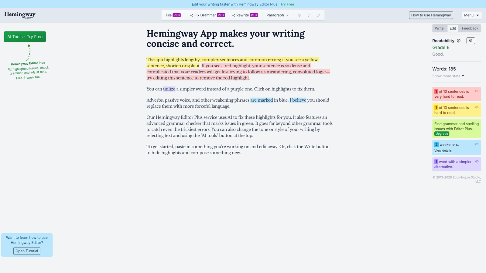 Hemingway App homepage