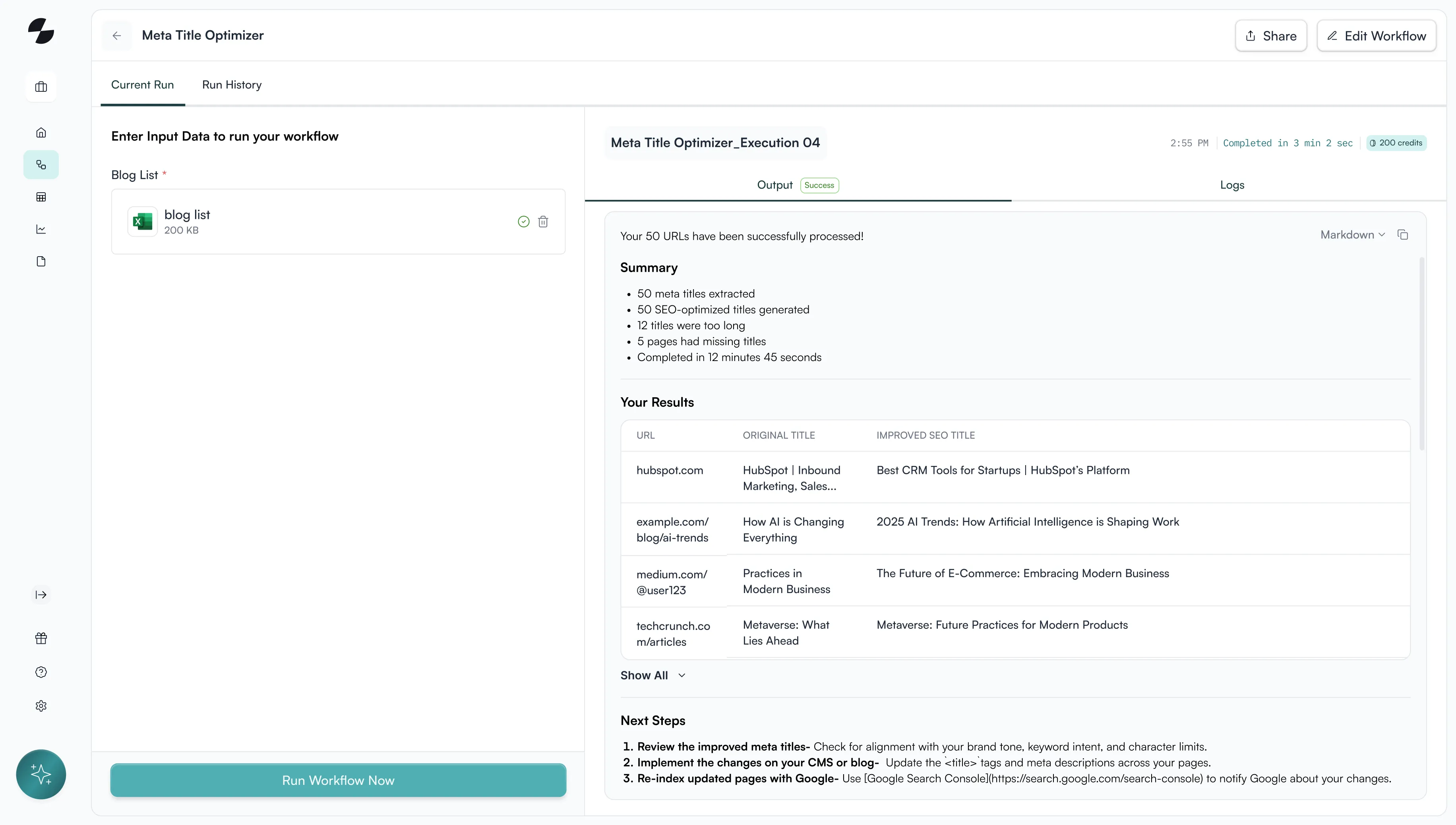 Screenshot of Meta Title Optimizer interface showing input section with a blog list file and results with original and SEO-optimized titles for multiple URLs.