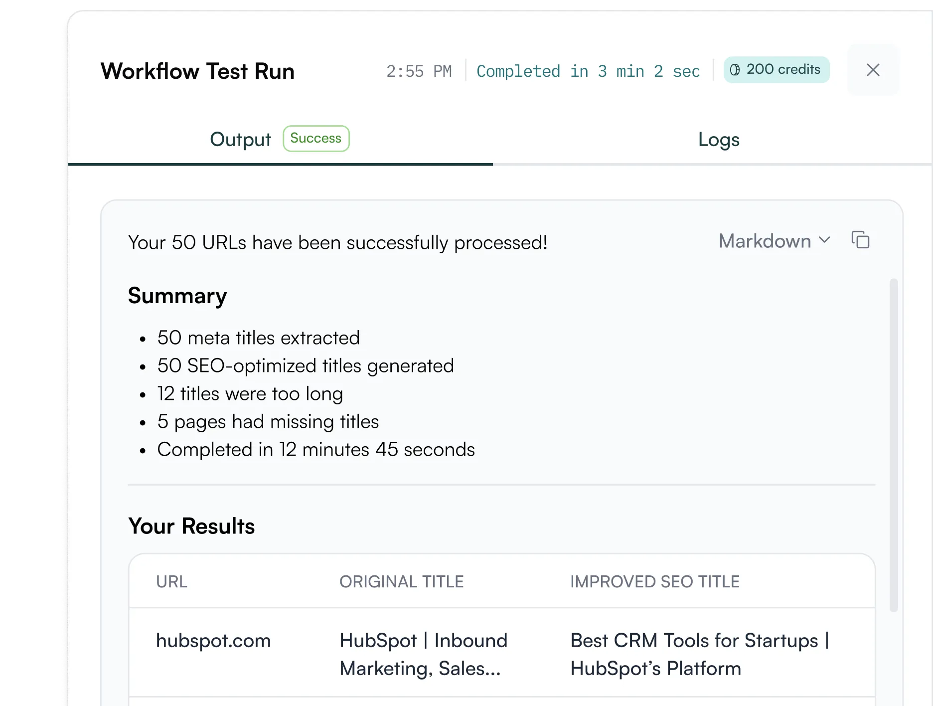 Workflow test run summary showing processing of 50 URLs with SEO title improvements and performance details.