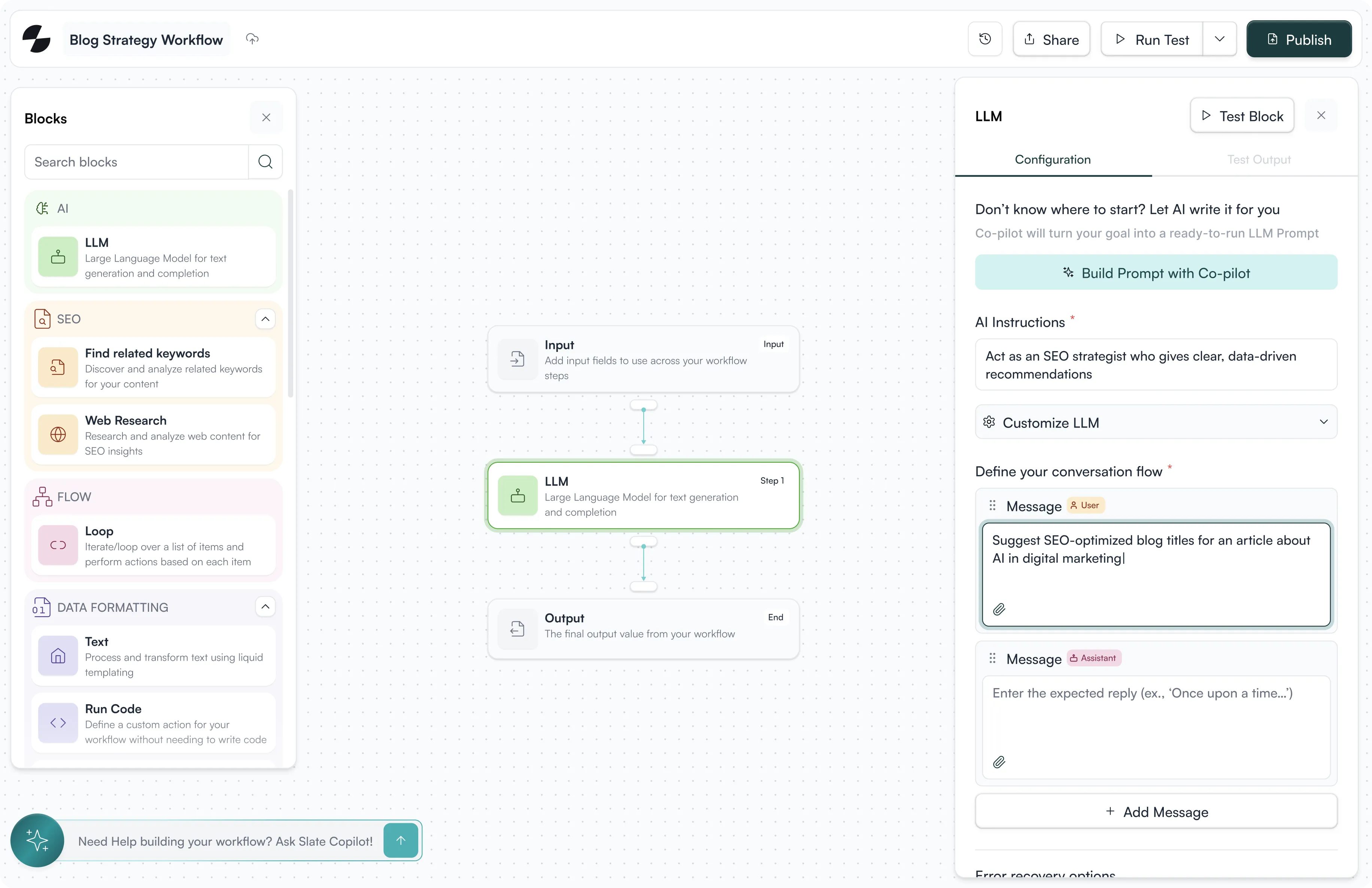 User interface for a Blog Strategy Workflow showing blocks for AI, SEO, Flow, and Data Formatting on the left, a workflow with input, LLM, and output blocks in the center, and an LLM configuration panel on the right with instructions to act as an SEO strategist and a message suggesting SEO-optimized blog titles for an article about AI in digital marketing.