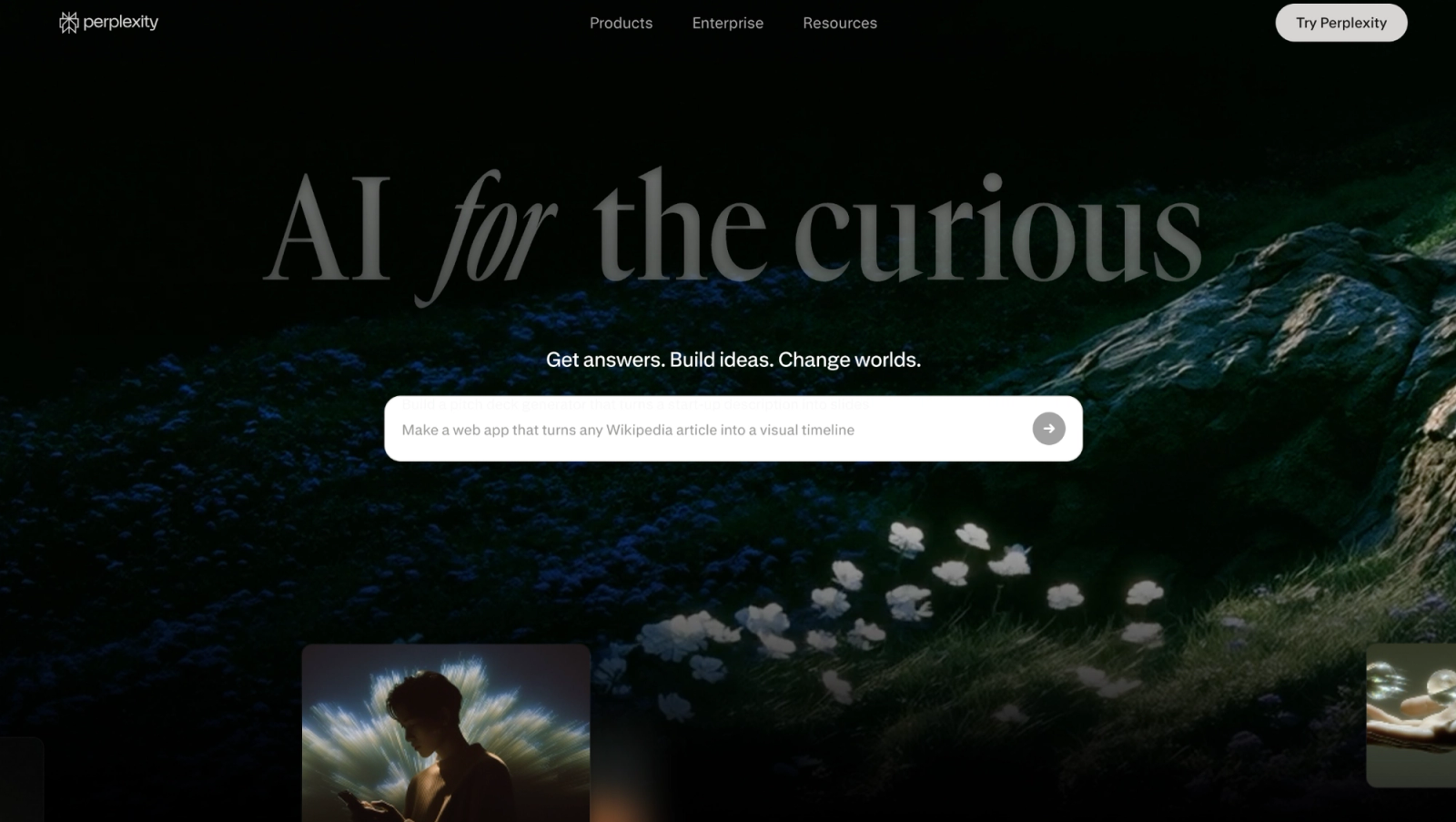 Perplexity AI homepage with search interface for web-backed research.