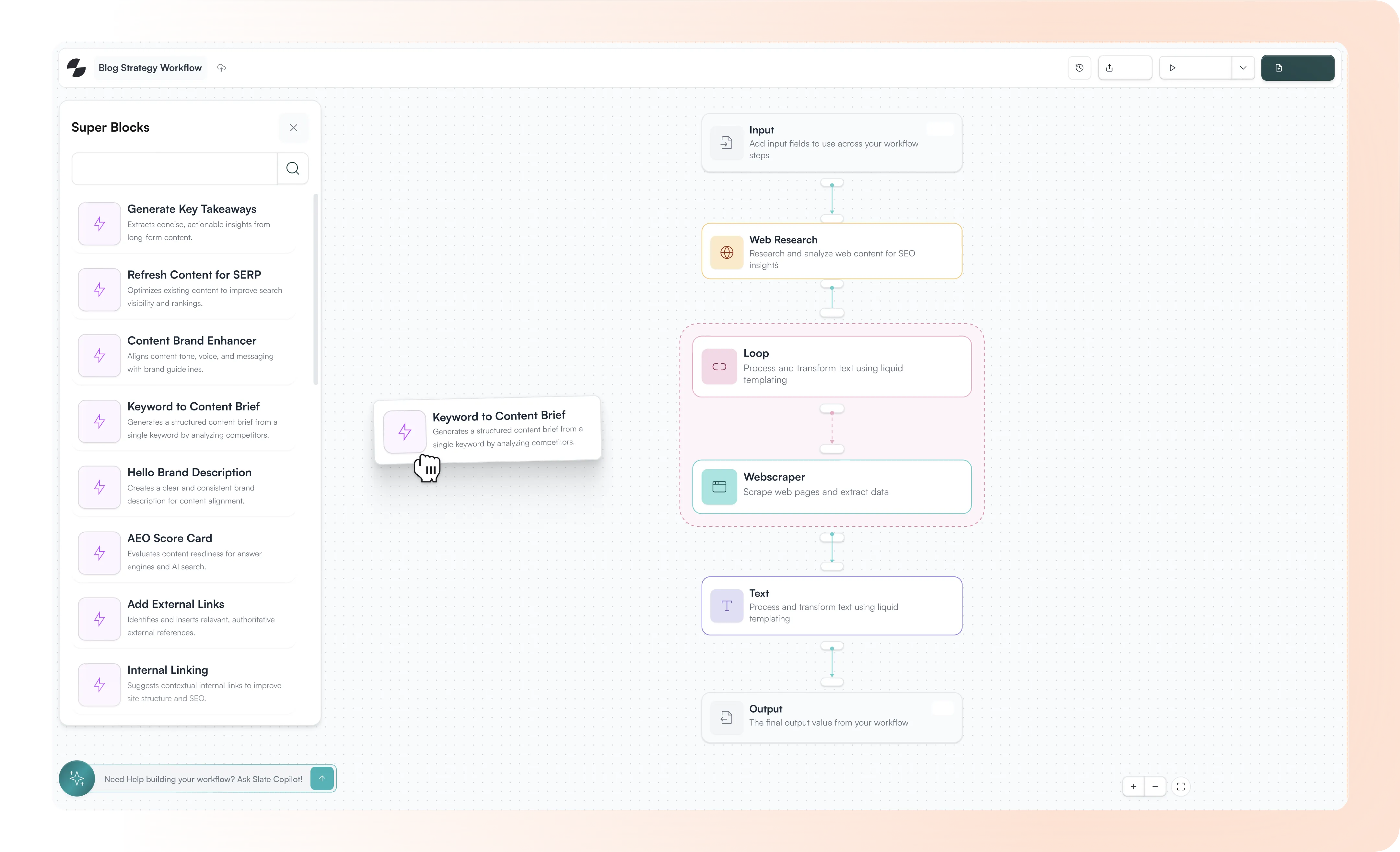 User interface of a blog strategy workflow dashboard displaying drag-and-drop blocks such as Input, Web Research, Loop, Webscraper, Text, and Output on a connected flowchart, with a sidebar listing super blocks like Generate Key Takeaways, Refresh Content for SERP, and Keyword to Content Brief.
