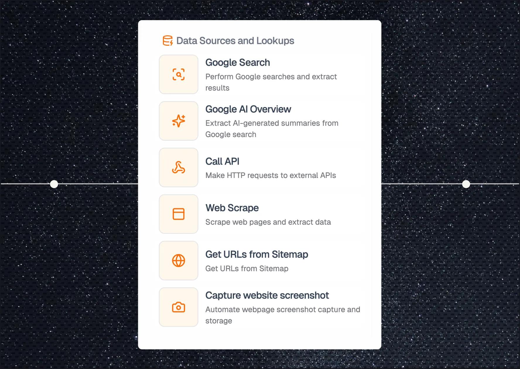 List of data source options including Google Search, Google AI Overview, Call API, Web Scrape, Get URLs from Sitemap, and Capture website screenshot with brief descriptions and icons.