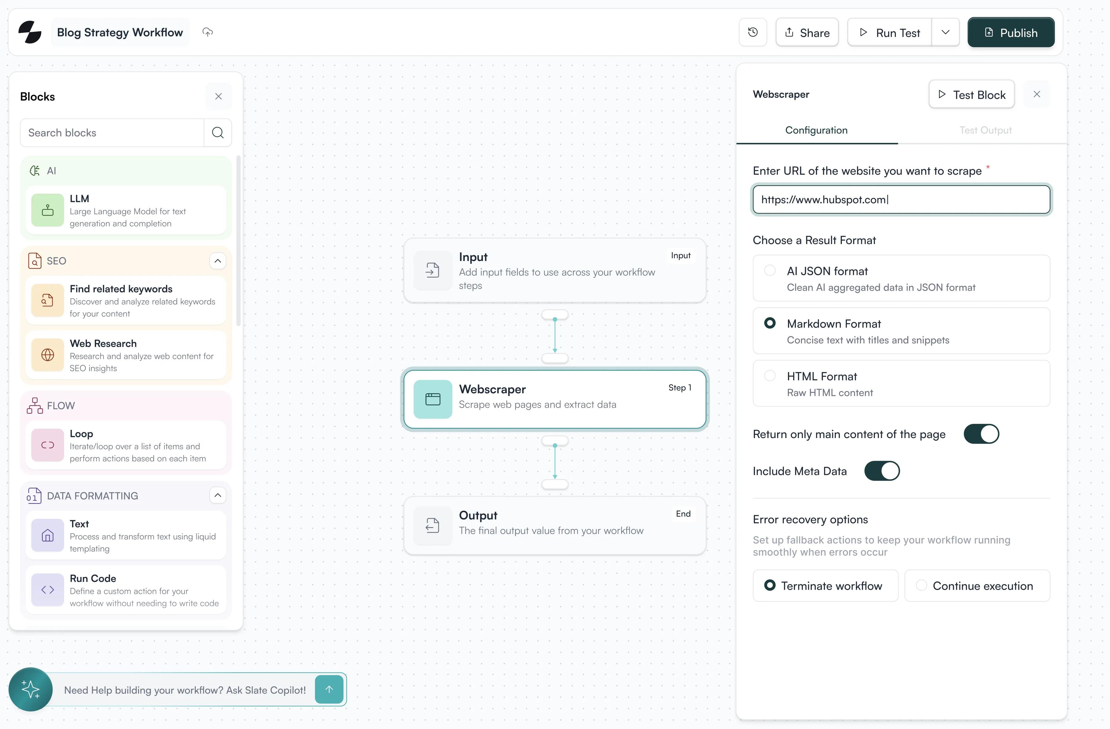 Screenshot of a blog strategy workflow editor showing blocks for AI, SEO, flow, and data formatting on the left; a workflow canvas with Input, Webscraper, and Output blocks in the center; and Webscraper configuration settings on the right including URL entry, format options, metadata toggle, and error recovery options.