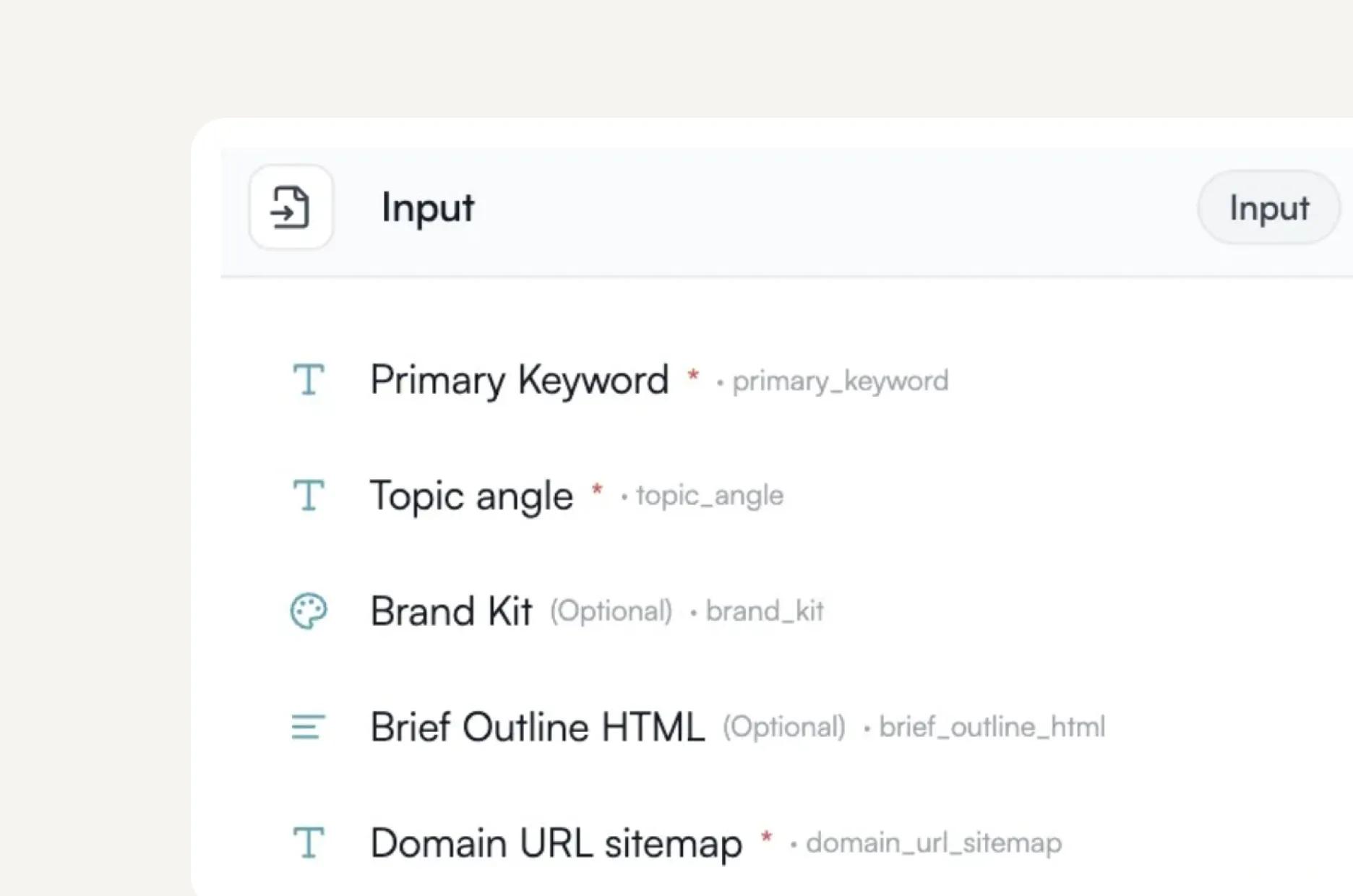 User interface showing input fields labeled Primary Keyword, Topic angle, Brand Kit (optional), Brief Outline HTML (optional), and Domain URL sitemap.