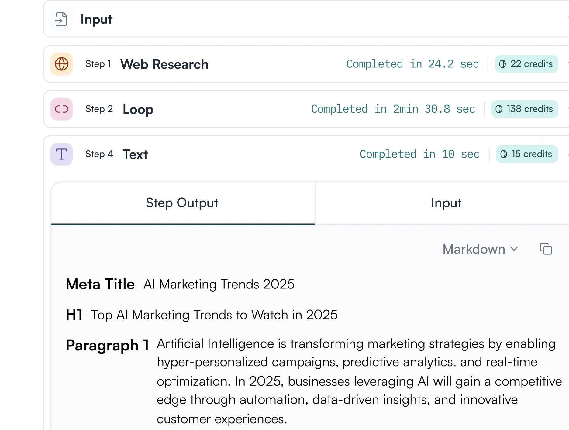 Screen showing AI marketing trends content with meta title, H1 heading, and a paragraph about AI transforming marketing strategies by 2025.