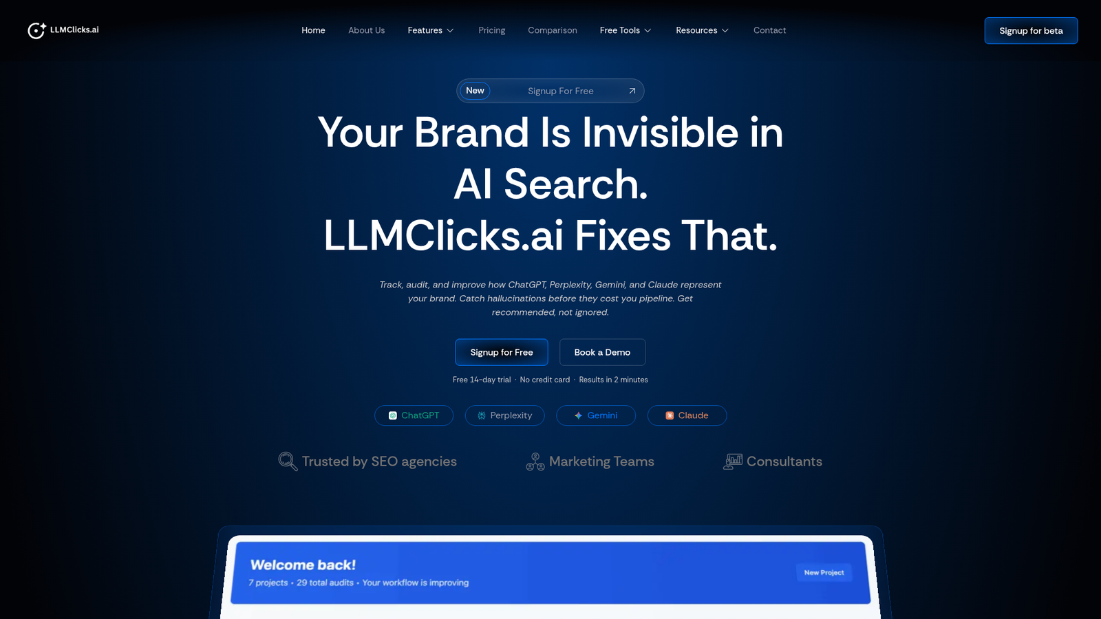LLMClicks.ai homepage