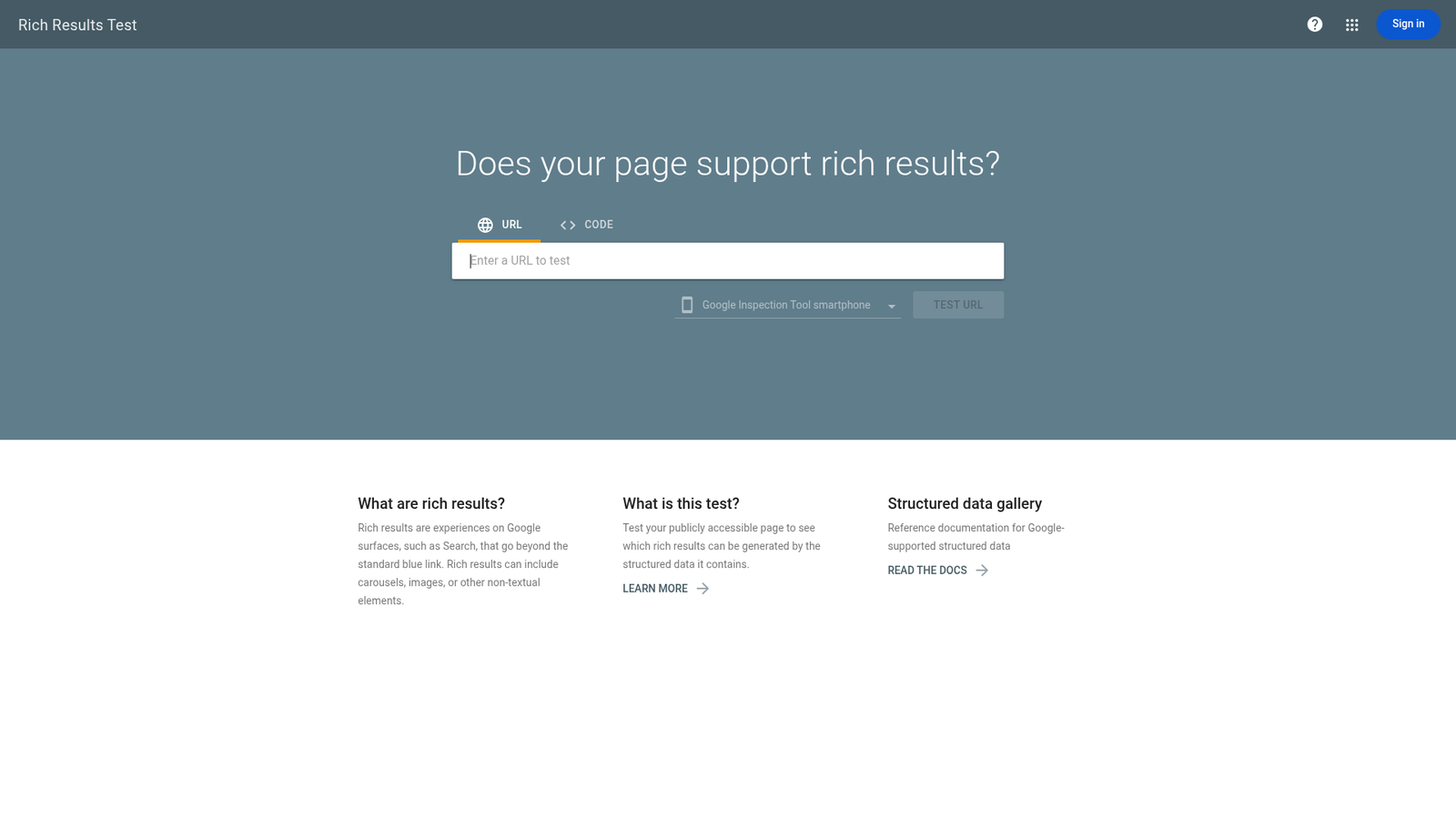 Google Rich Results Test homepage