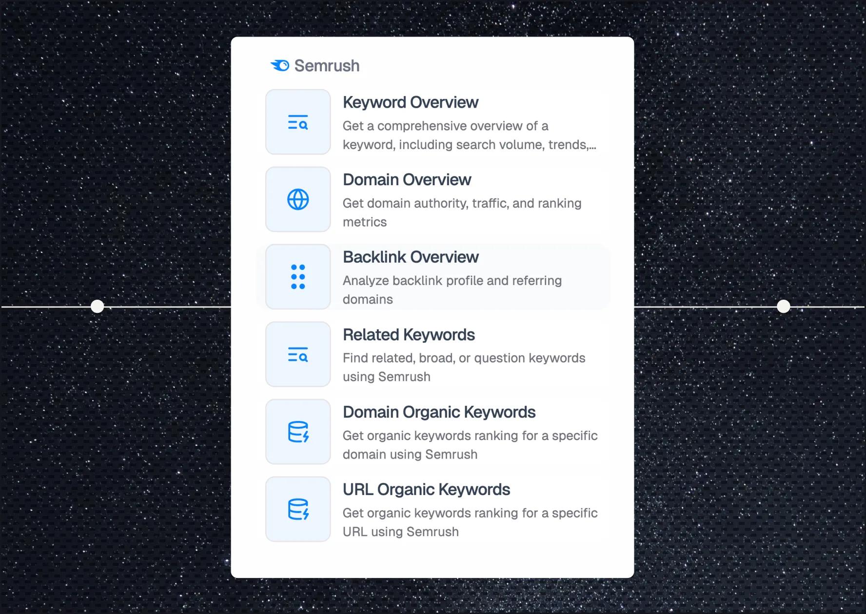 Semrush tool options listing Keyword Overview, Domain Overview, Backlink Overview, Related Keywords, Domain Organic Keywords, and URL Organic Keywords with brief descriptions.