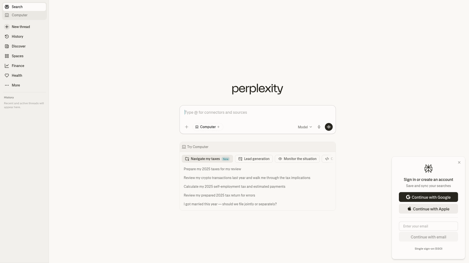 Perplexity homepage
