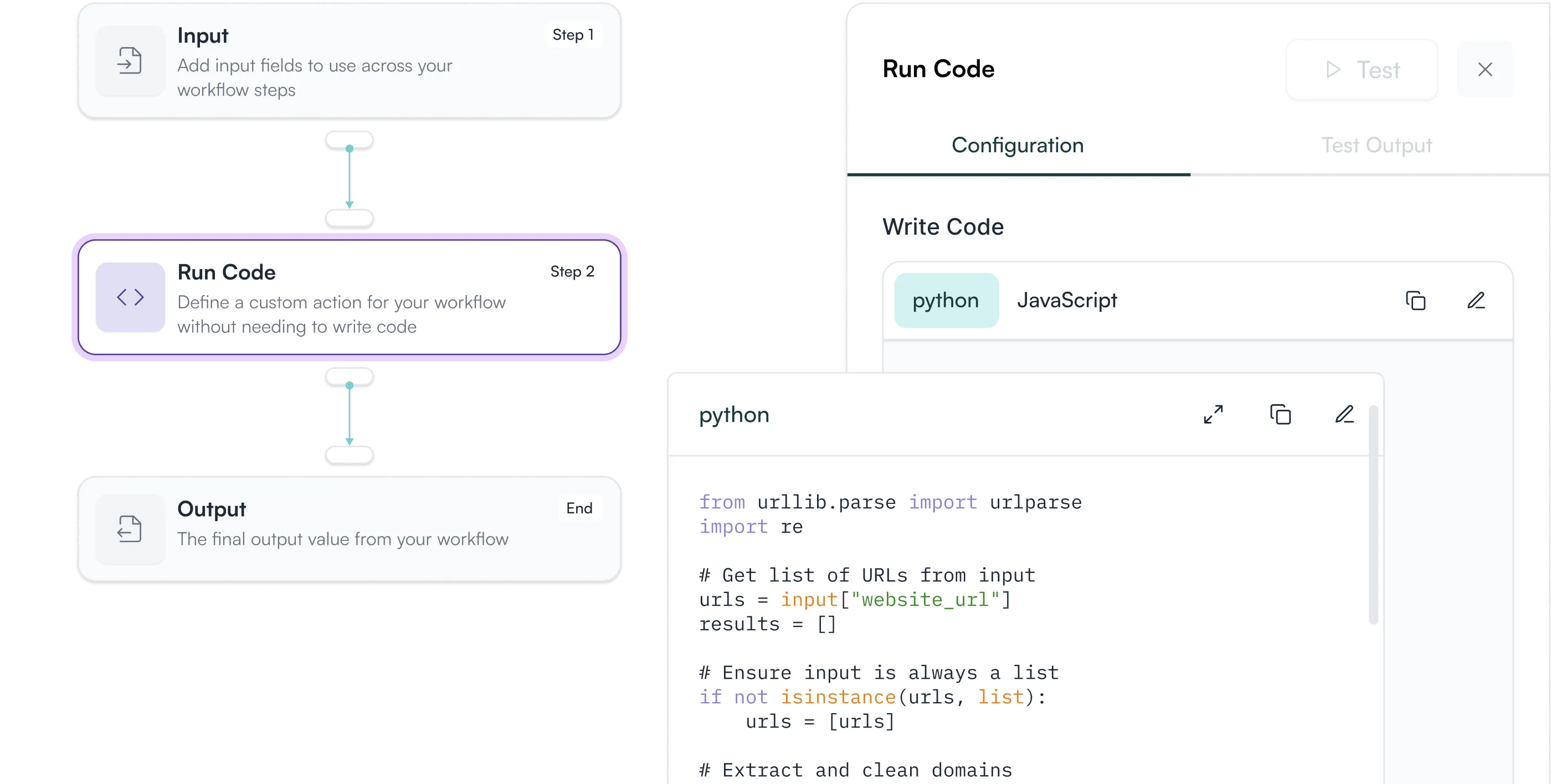 Workflow diagram showing three steps: Input, Run Code, and Output, alongside a code editor with a Python script for processing URLs.