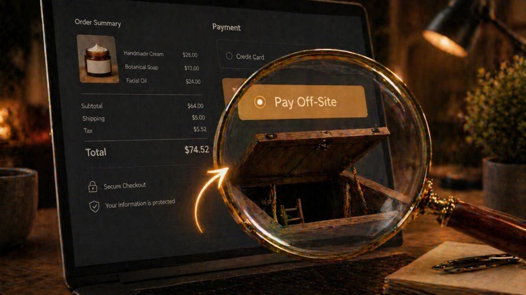 A magnifying glass hovering over an e-commerce checkout page, revealing a hidden trapdoor underneath a Pay Off-Site button.