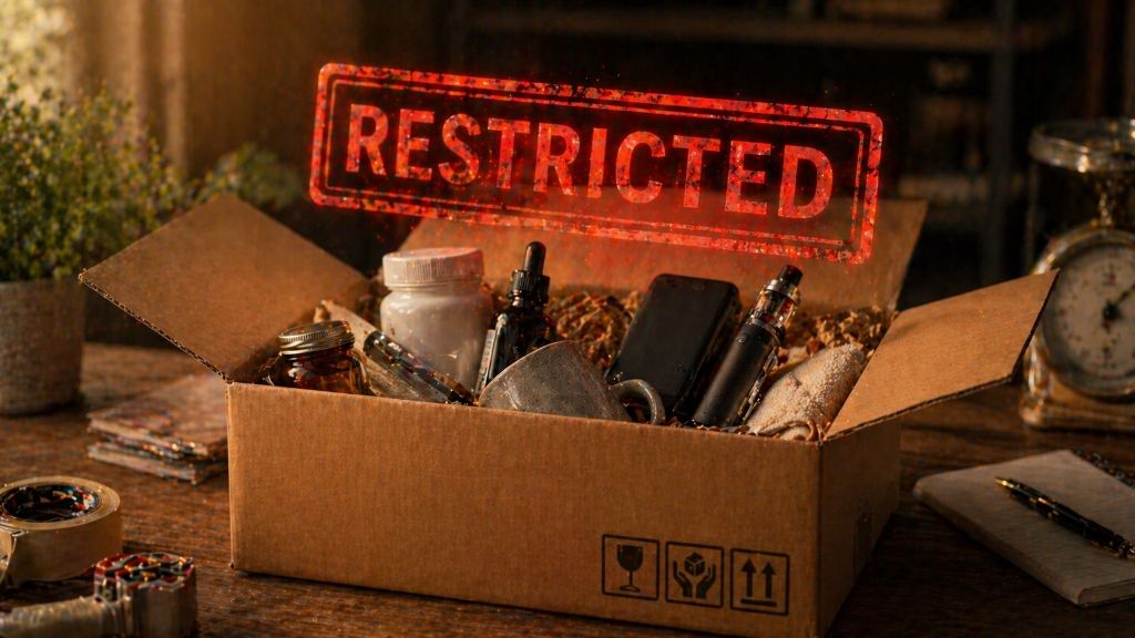 A partially packed shipping box with various everyday items inside, but a large red RESTRICTED stamp is hovering over the box.