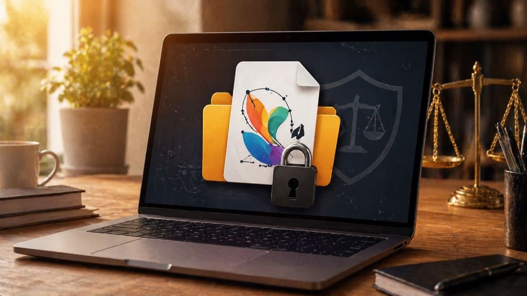 A laptop displaying a digital file folder with a padlock and legal scales, representing IP enforcement for digital downloads.