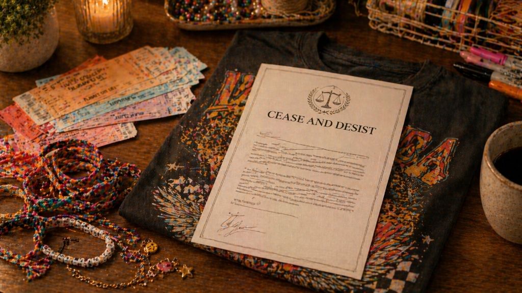 A crafting table covered with concert tickets, colorful friendship bracelets, and a Cease and Desist letter resting on a graphic t-shirt.