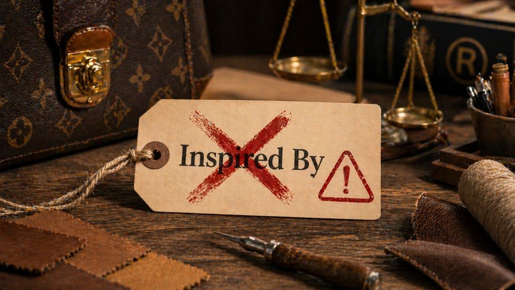 A product tag that says "Inspired By" being crossed out with a legal warning symbol, resting on a crafting table.
