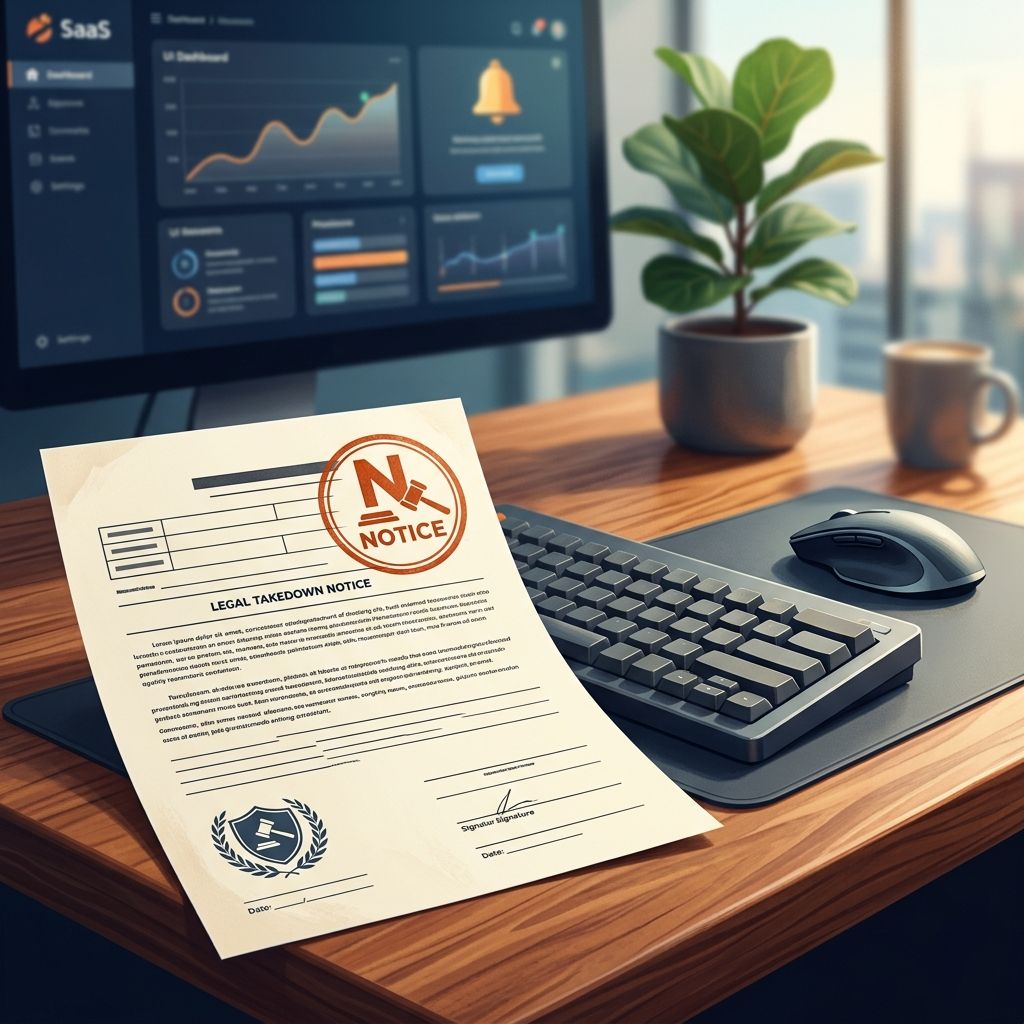 An official legal takedown notice on a desk next to a computer keyboard, representing a DMCA copyright claim.