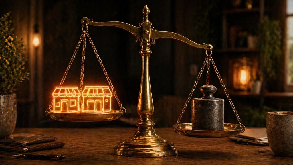 A brass balancing scale showing two glowing storefront icons on one side and a heavy steel weight representing compliance risk on the other.