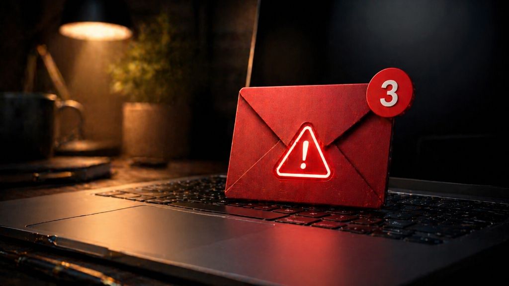 A red warning envelope with a number 3 notification badge resting on a laptop keyboard in a dimly lit workspace.