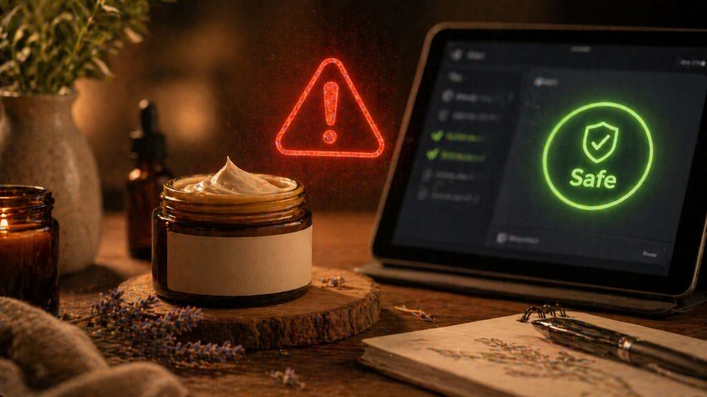 A jar of handmade skincare cream with a glowing red warning symbol hovering above it, next to a tablet displaying a Safe badge.