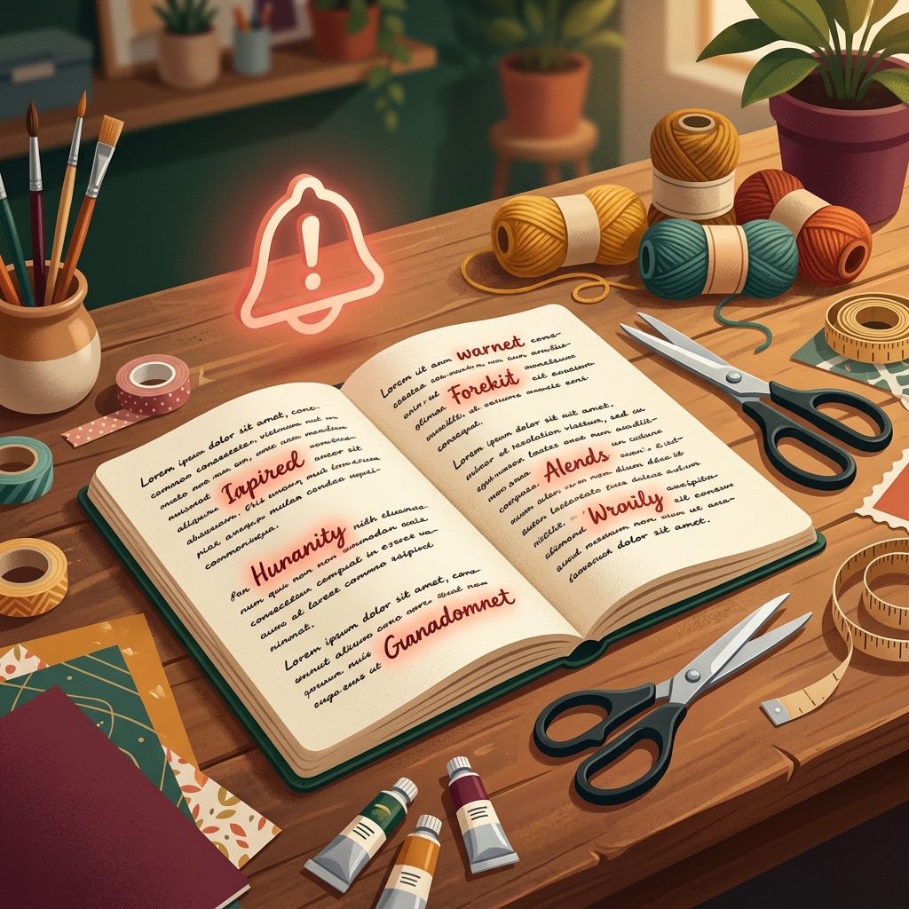 An open notebook with highlighted words on a crafting table, representing a list of trademarked terms to avoid.